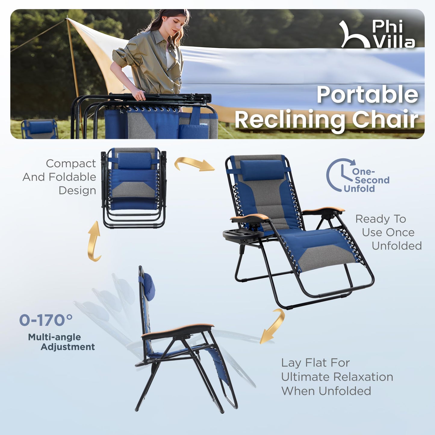 PHI VILLA XXL Oversized Padded Zero Gravity Chair, Foldable Patio Recliner, 30" Wide Seat Anti Gravity Lounger with Cup Holder, Support 400 LBS