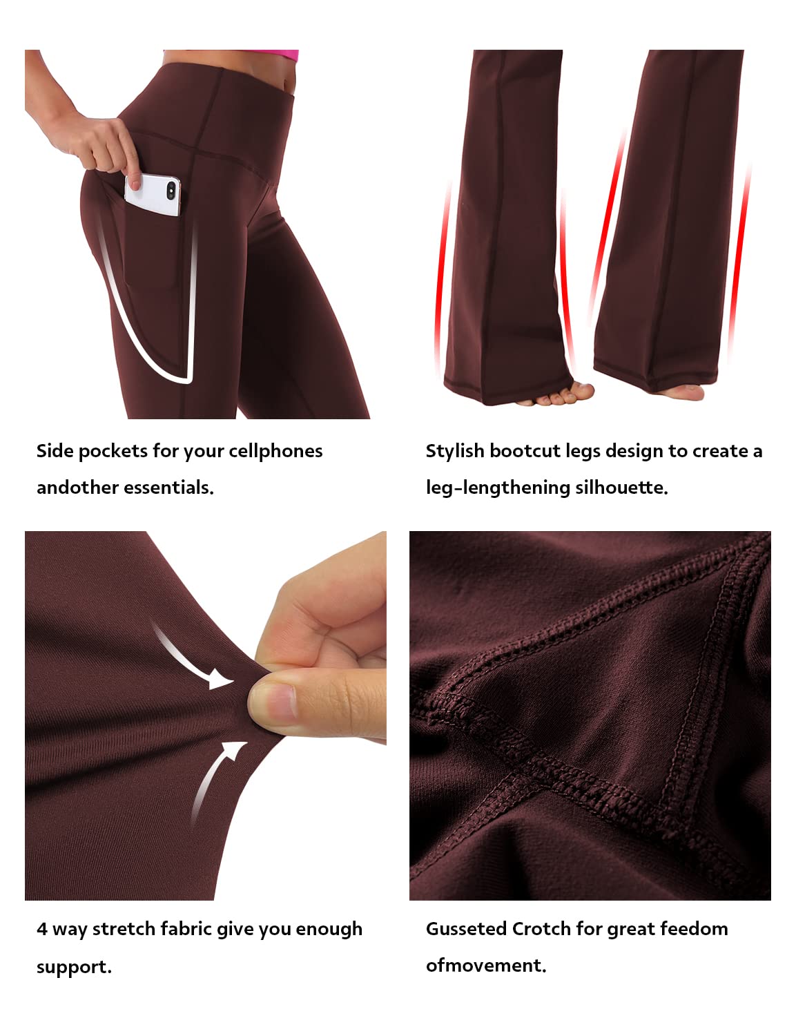 BUBBLELIME 29"/31"/33"/37" 4 Styles Women's Bootcut Yoga Pants Tummy Control - Side Pockets_MAHOGANYMAROON M_37" Inseam