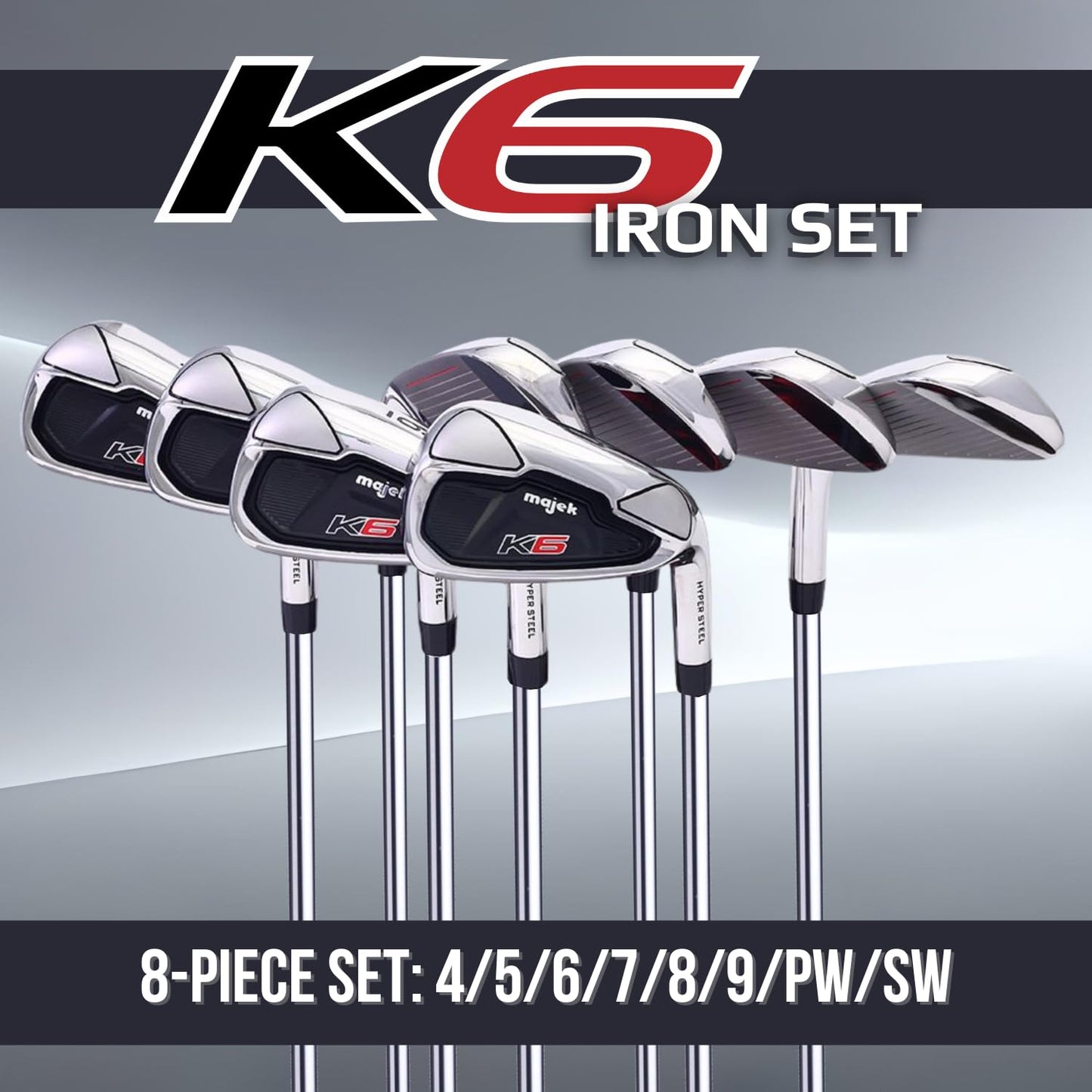 Majek K6 Iron Set +2 inch Over XL Big & Tall Men's 8-Piece Set (4-PW, SW) Right Handed Steel Shaft Regular Flex R Flex Club (Tall 6'3"+/+2" Over) with Midsize Black Pro Velvet Grip