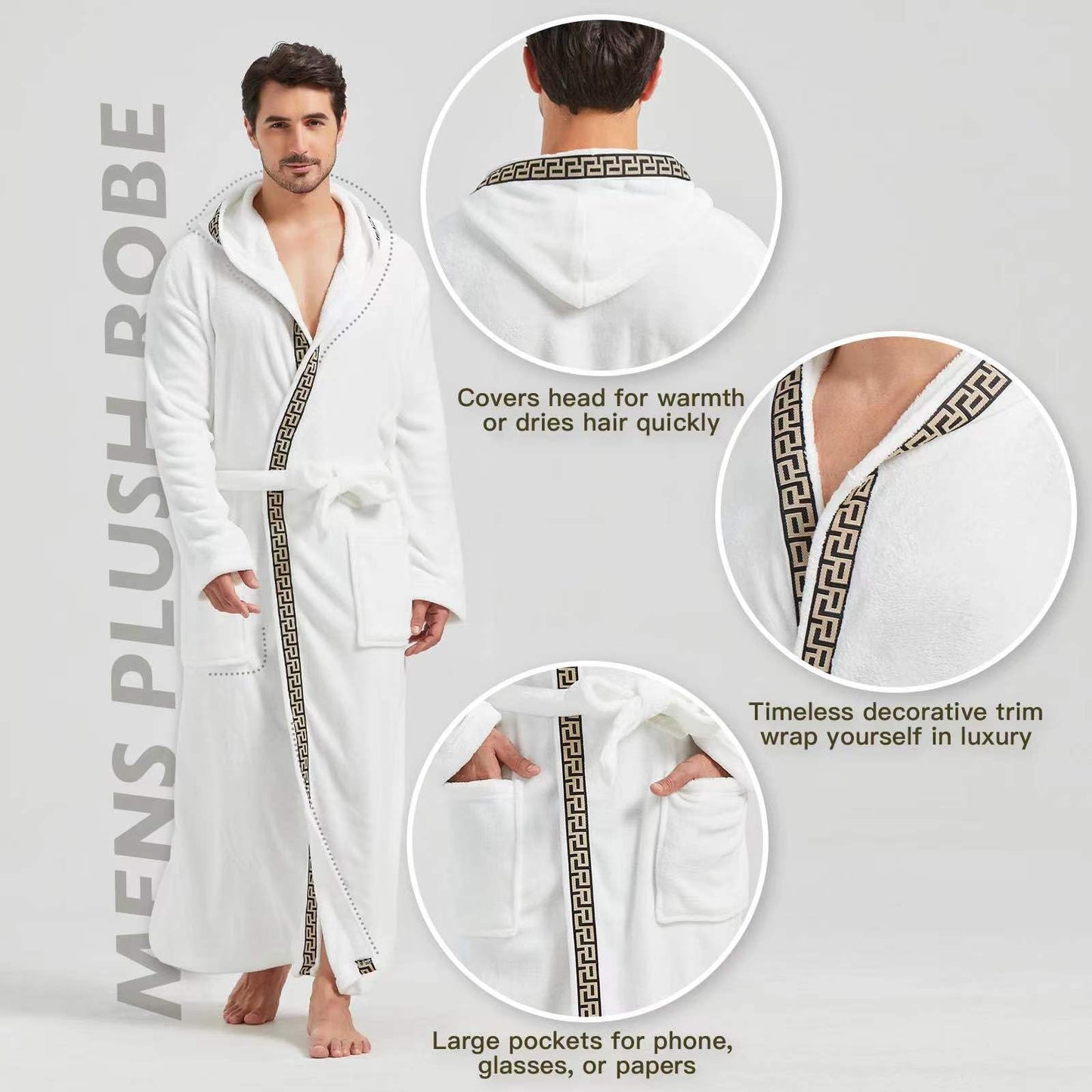 FashGudim Men's Hooded Plush Robe with Black Trim Full Length Plush Long Robe for Men Big and Tall Warm Fleece Bathrobes House Robes (White & Black Trim, L/XL)