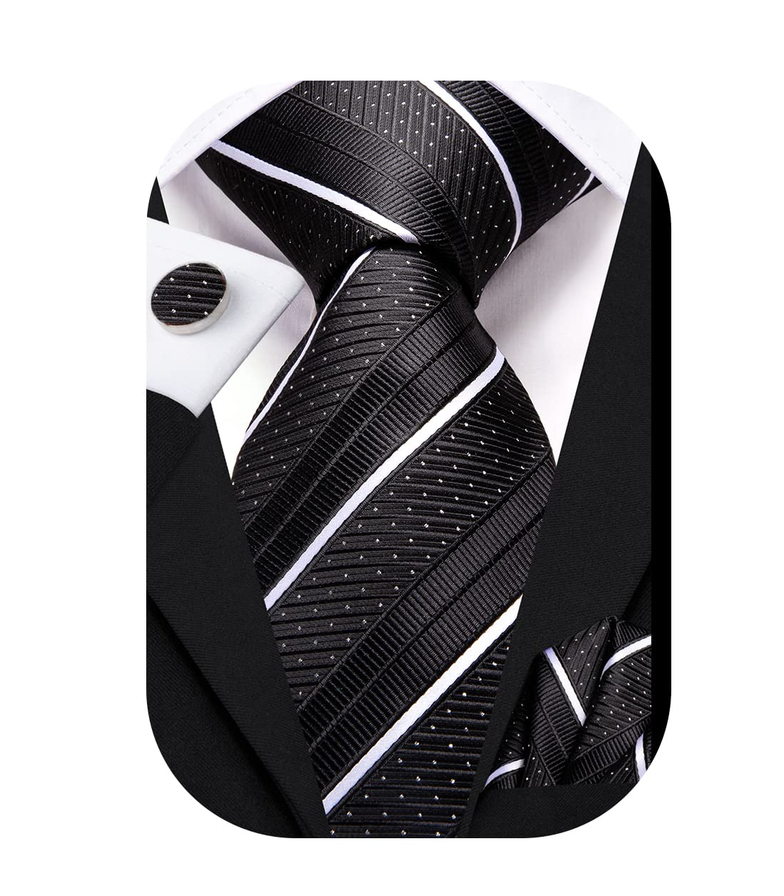Hi-Tie Black and White Tie 63'' Long Ties for Men Silk Mens Ties Set Suit Necktie and Pocket Square Cufflink for Wedding