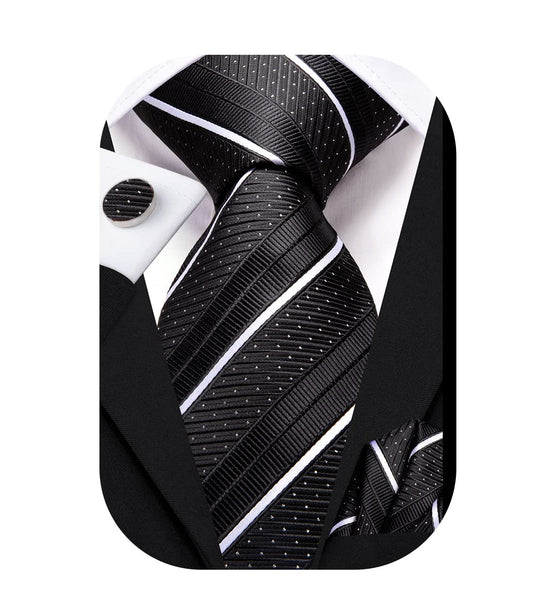 Hi-Tie Black and White Tie 63'' Long Ties for Men Silk Mens Ties Set Suit Necktie and Pocket Square Cufflink for Wedding