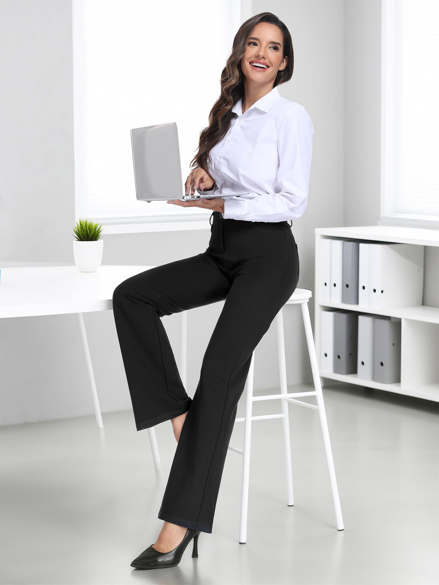 Tallemon Tall Womens Extra Long 38" Inseam Flared Dress Pants with Pockets Stretchy Work Utility Formal Slack, Black, M