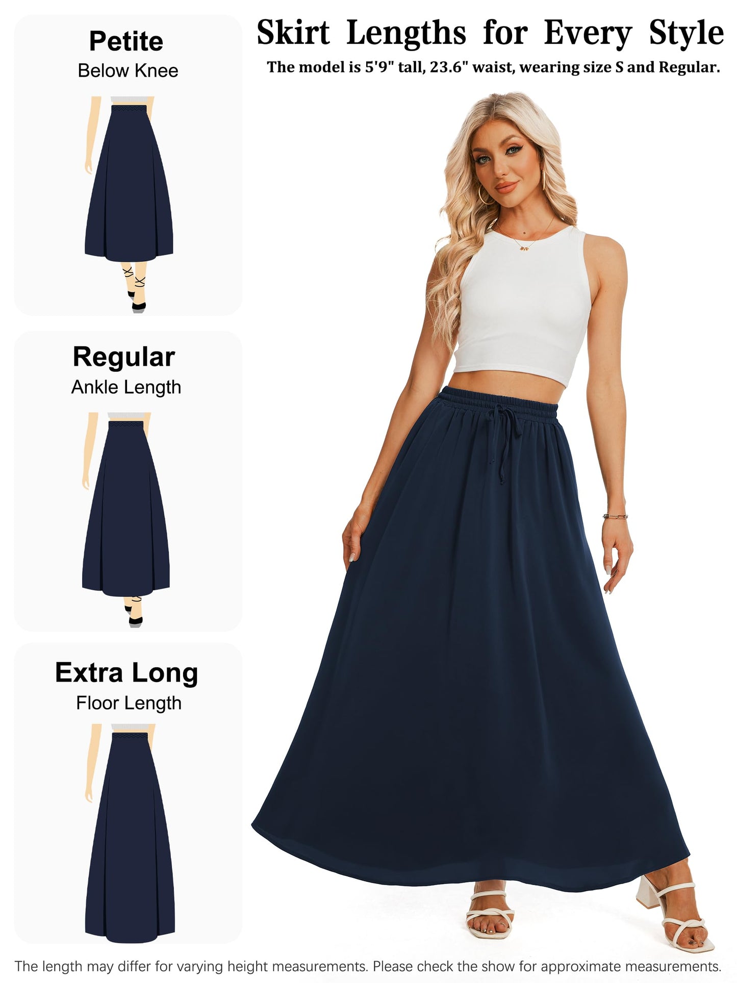 Tapata Tall Womens Flowy Maxi Skirt Extra Long High Waist Elastic Drawstring Summer Pleated Skirts with Pockets, Navy Blue, XXL