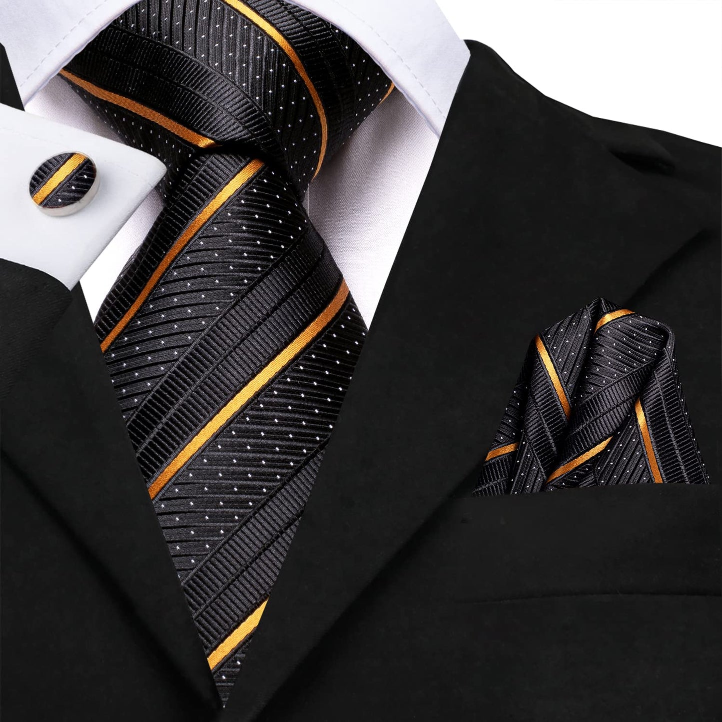 Hi-Tie Black Gold Extra Long Ties for Men Silk 70'' Men's Ties Set Stripe Necktie and Pocket Square Cufflinks for Wedding