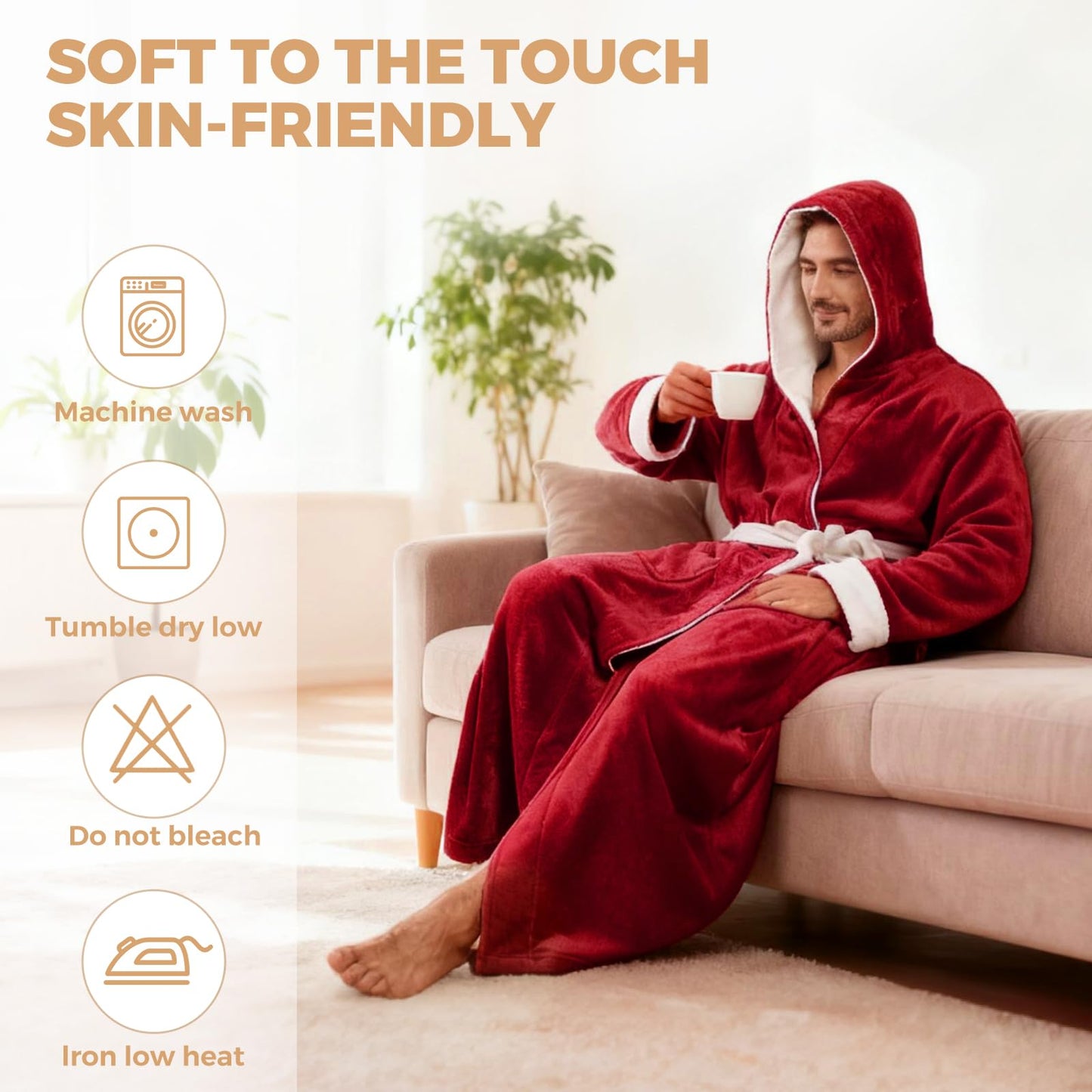 FashGudim Mens Robes Big and Tall with Hood Two-Tone Flannel Fleece Contrast Bathrobe Full Length Plush Long Robe Warm House Coat (Red & White, L/XL)