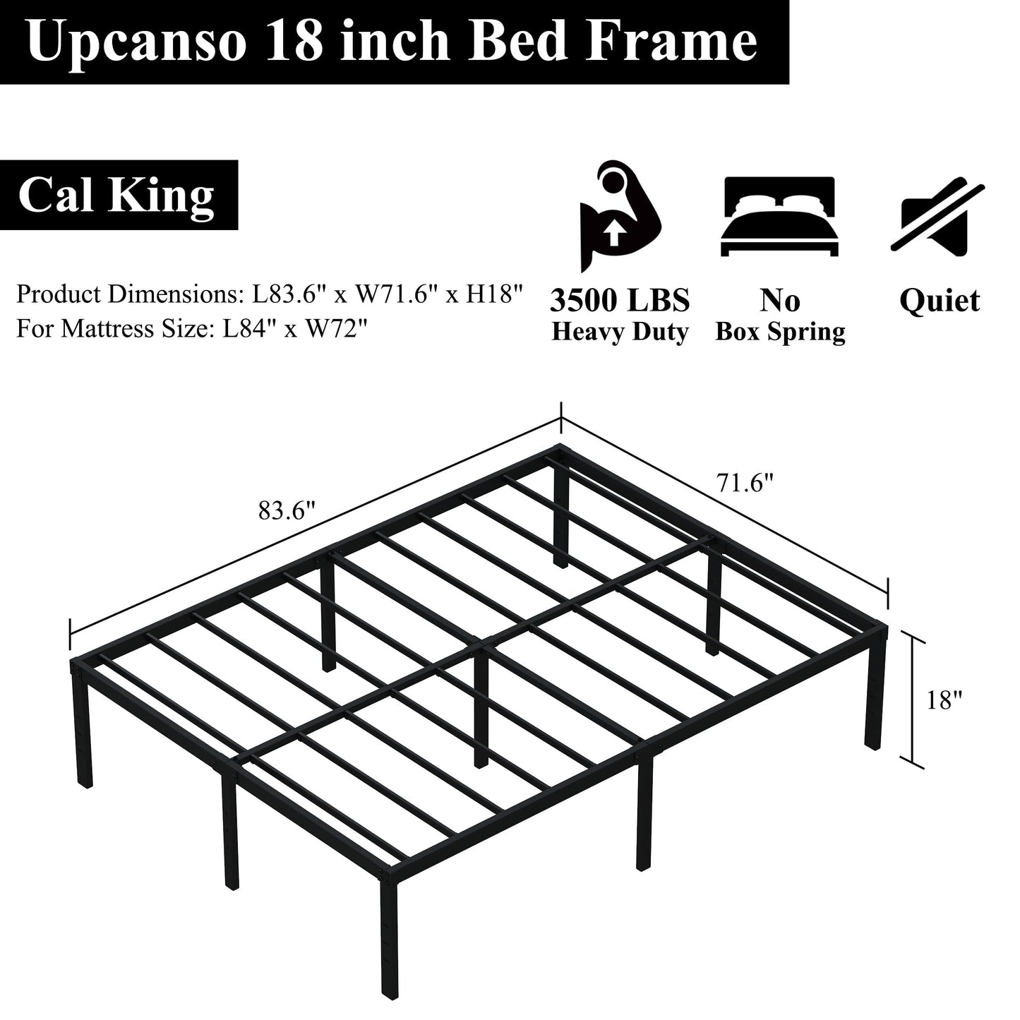 Upcanso 18 Inch California King Bed Frames No Box Spring Need, Platform Cal King Bed Frame with High Storage, Eassy Assembly 3,500 Lbs Heavy Duty Bedframes, Black