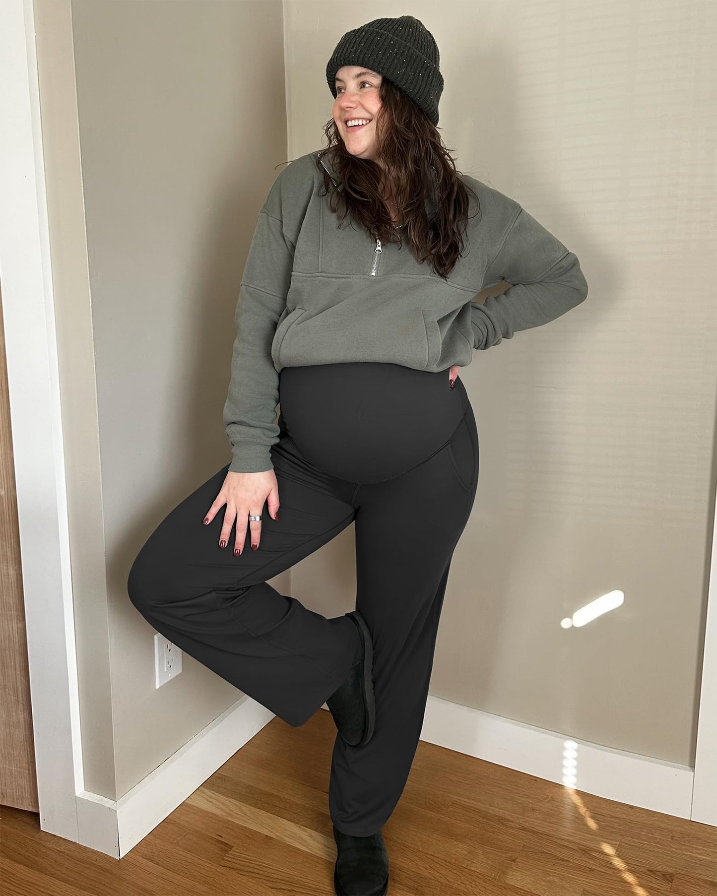 G4Free Maternity Dress Pants Over The Belly Pregnancy Fall Clothes Yoga Pants Cozy Lounge Work Pants High Waist Trousers(Black,XS,34")