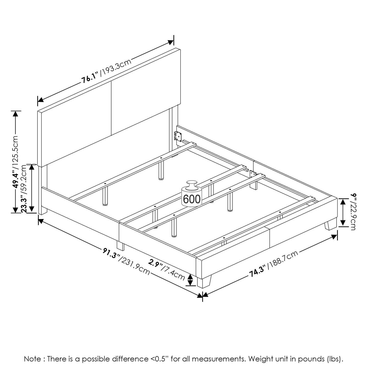 Furinno PESSAC Bed Frame, California King Size Bedframe with PU Leather Upholstery Headboard, Bed with Legs, Wooden Slat Support, Easy Assembly, for Bedroom, Dorm, Plain Black