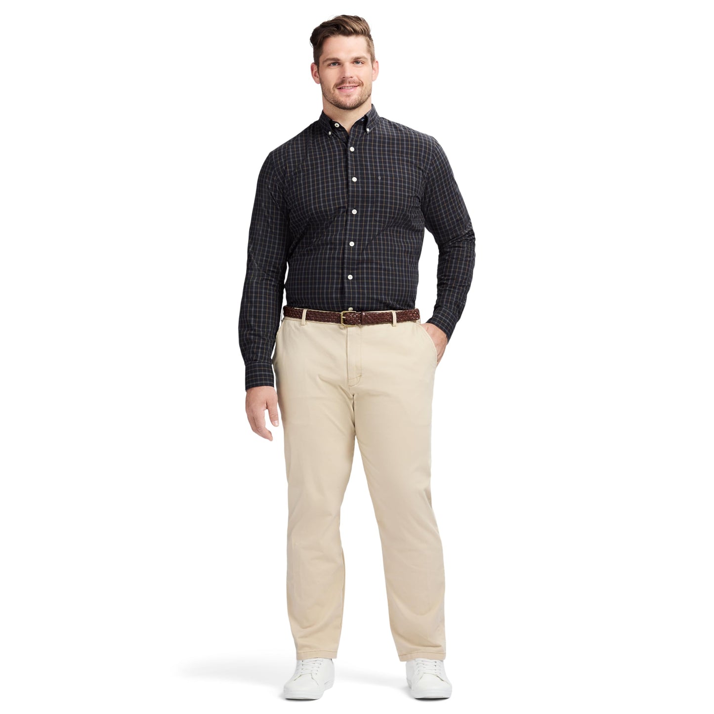 IZOD Men's Big and Tall Performance Comfort Long Sleeve Gingham Button Down Shirt, Anthracite Checker