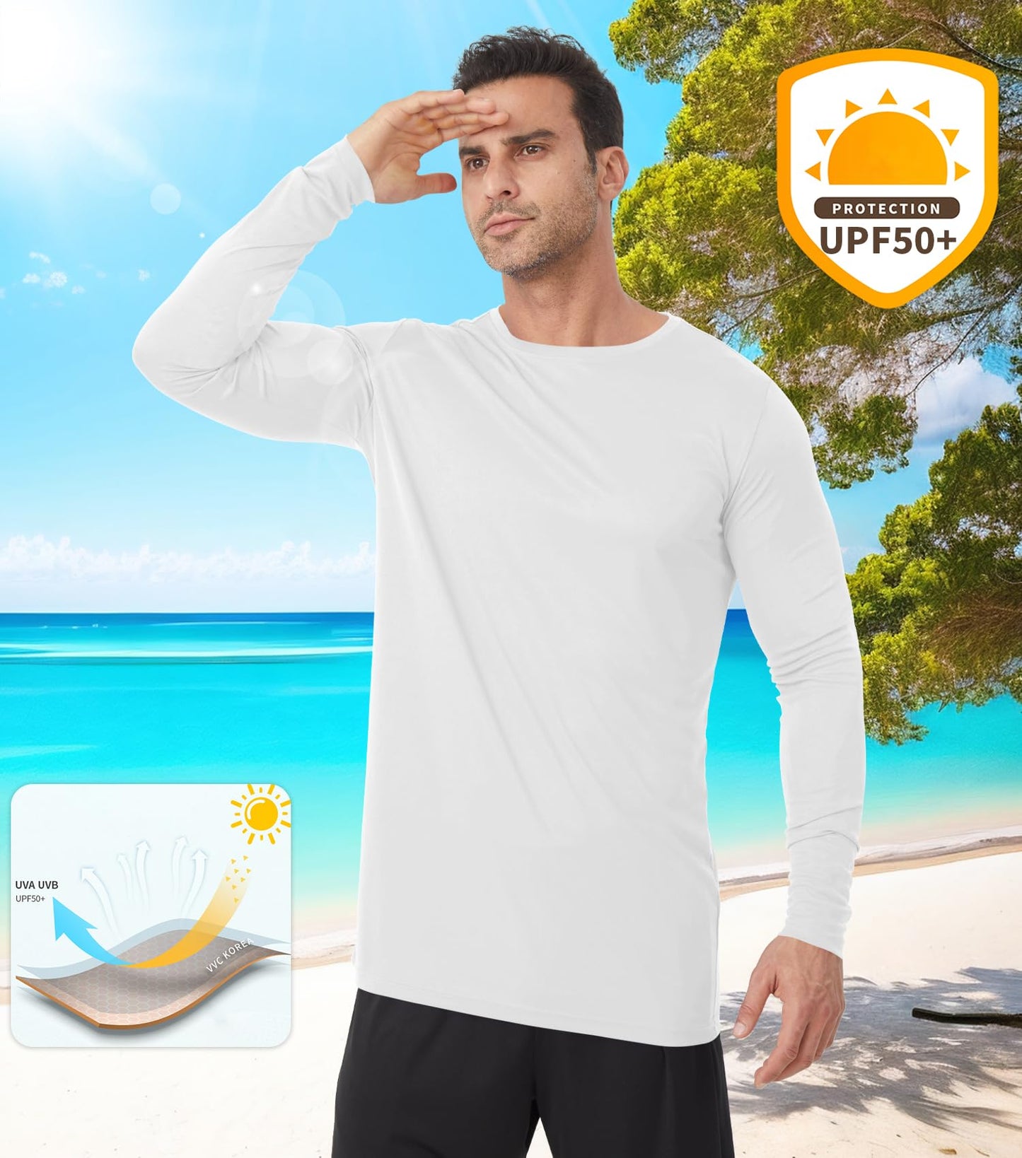 Men's Tall Rash Guard Long Sleeve T Shirts - UPF 50+ Sun Protection Tee Shirt for Fishing, Swim, Hiking White