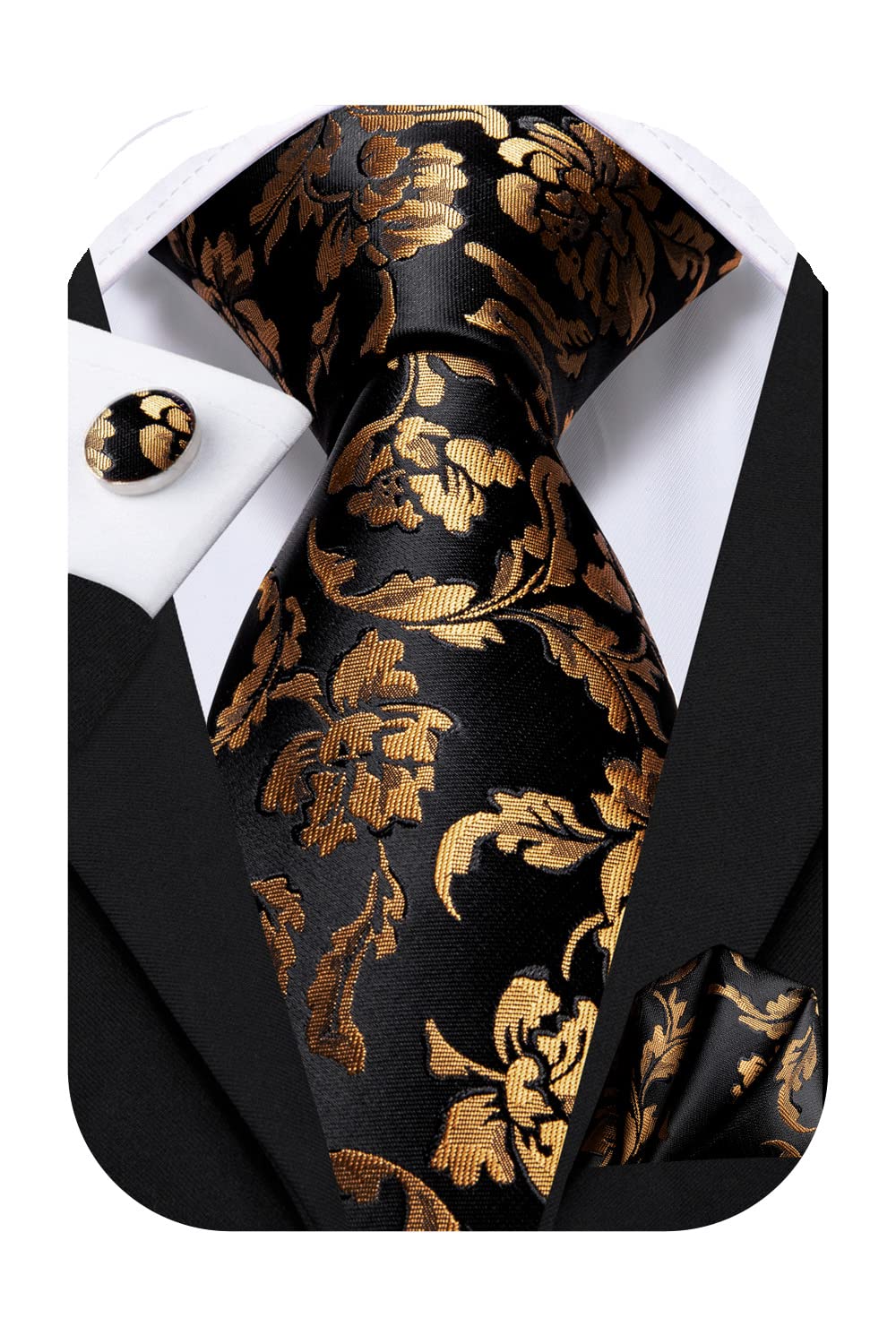 Hi-Tie 70'' Black Gold Ties for Men Silk Extra Long Floral Mens Ties Set Necktie and Pocket Square Cufflink for Wedding