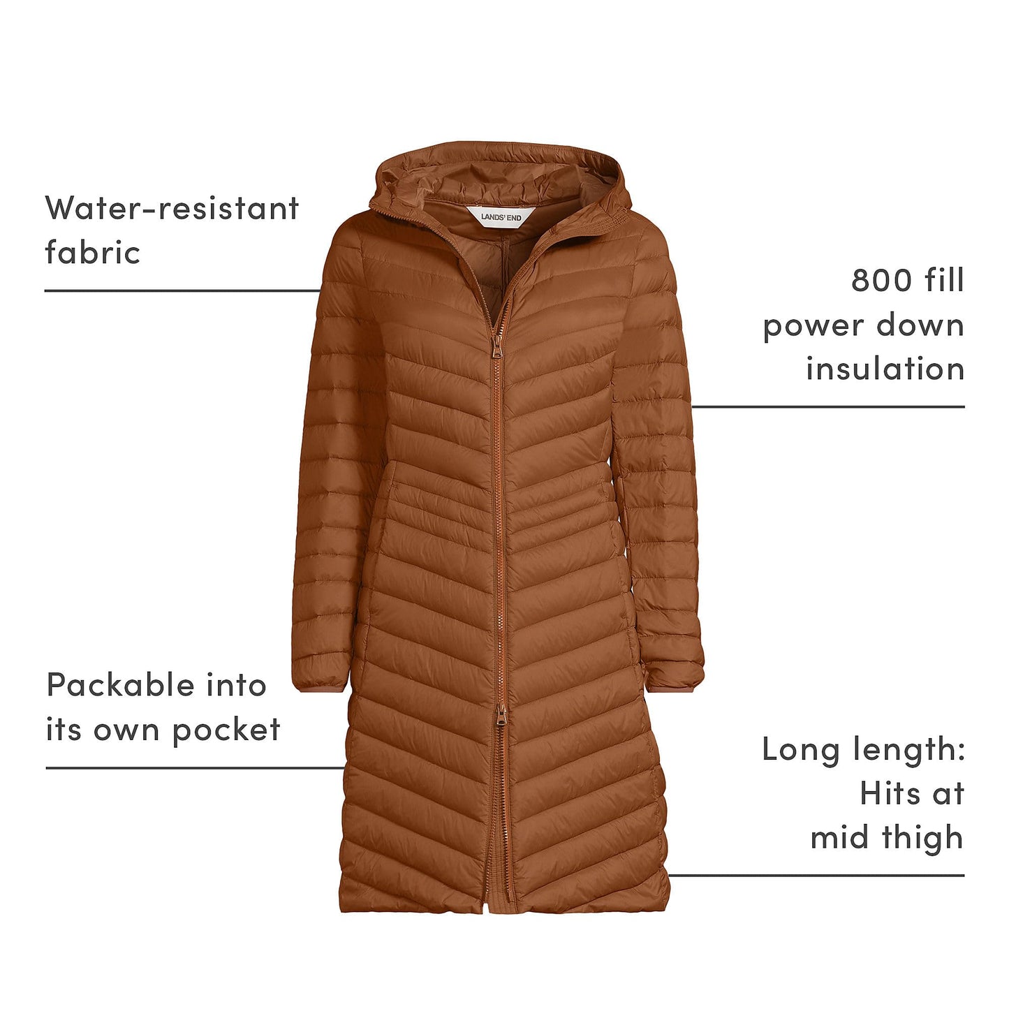 Lands' End Womens Packable Chevron Wanderweight Down Coat Rich Ginger Brown Tall Medium