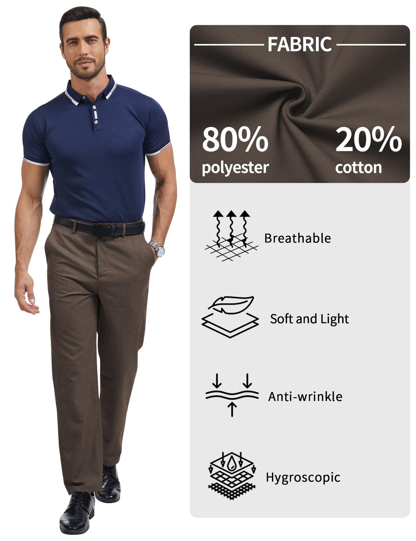 Men's Tall Classic Fit Flex Flat Front Dress Pants Formal Pants for Business & Office Dark Brown