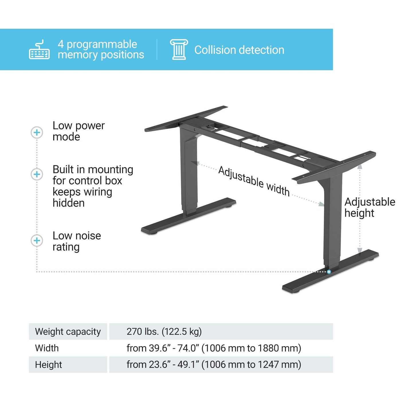 PROGRESSIVE AUTOMATIONS Electric Standing Desk Frame Dual Motor. Adjustable Height and Width, 3 Stages Legs for sit Stand Home Office desks suites Tops from 48" to 73" FLT-02 Black - 49.1" Max Height