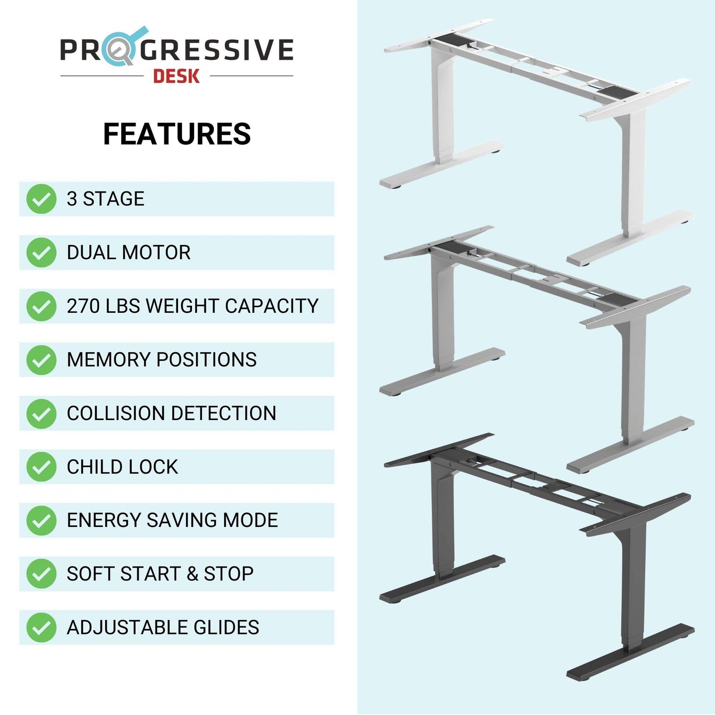 PROGRESSIVE AUTOMATIONS Electric Standing Desk Frame Dual Motor. Adjustable Height and Width, 3 Stages Legs for sit Stand Home Office desks suites Tops from 48" to 73" FLT-02 Black - 49.1" Max Height