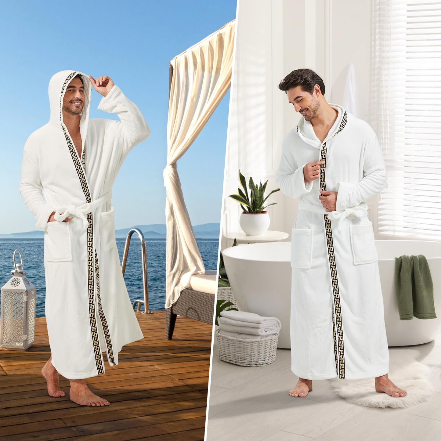 FashGudim Men's Hooded Plush Robe with Black Trim Full Length Plush Long Robe for Men Big and Tall Warm Fleece Bathrobes House Robes (White & Black Trim, L/XL)
