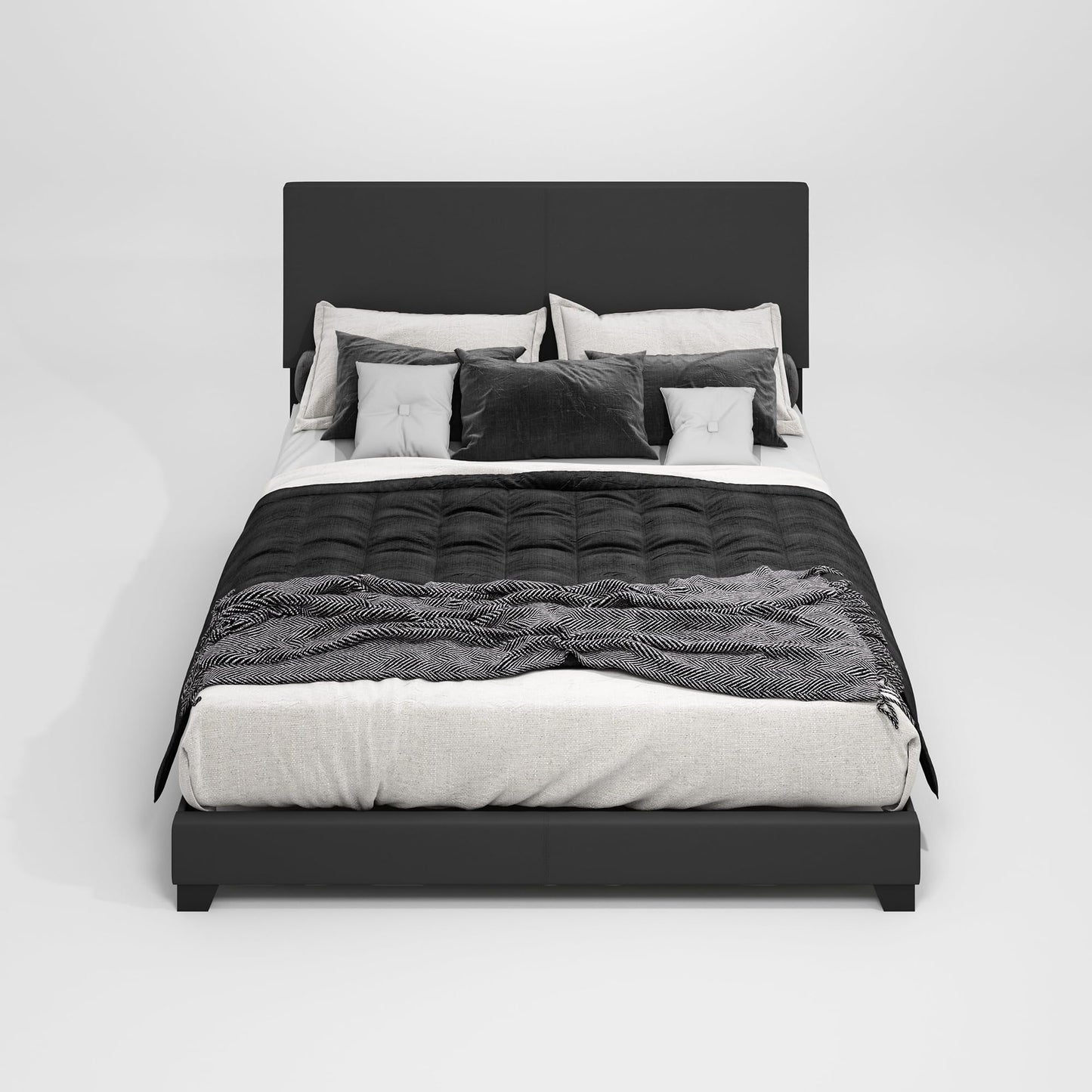 Furinno PESSAC Bed Frame, California King Size Bedframe with PU Leather Upholstery Headboard, Bed with Legs, Wooden Slat Support, Easy Assembly, for Bedroom, Dorm, Plain Black