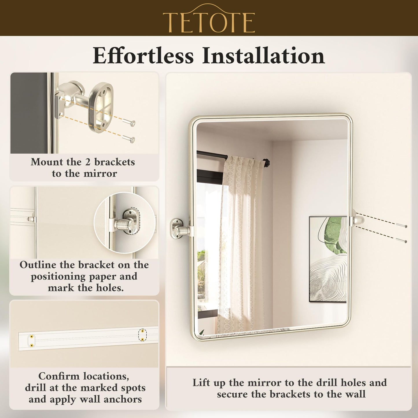 TETOTE Pivot Bathroom Mirror Brushed Nickel 30 x 36 Tilting Beveled Rectangle Metal Framed Mirror, Farmhouse Adjustable Tilt Rounded Corner Vanity Mirror, Horizontal/Vertical, Easy to Install