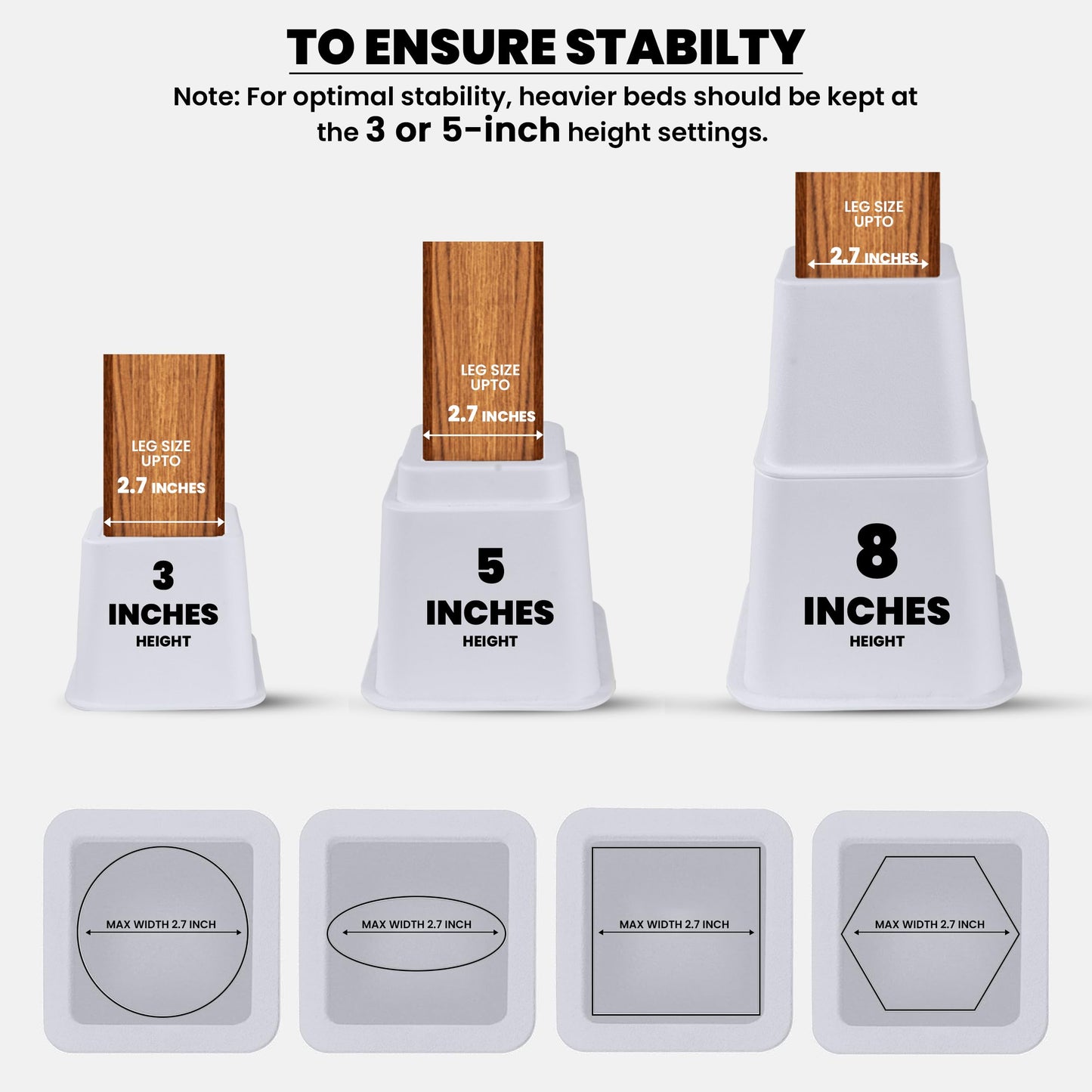 Utopia Bedding Adjustable Bed Furniture Risers - Elevation in Heights 3, 5 or 8 Inch Heavy Duty Risers for Beds and Under Bed Storage - Supports up to 1,300 lbs - (Set of 4 Riser, White)