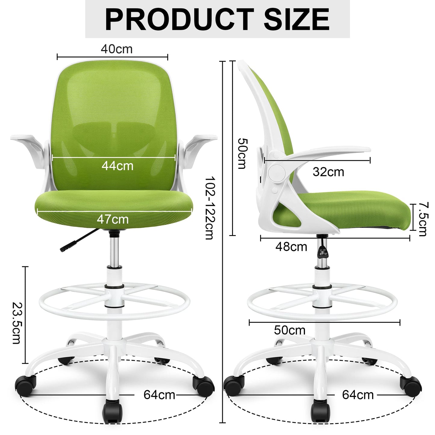 Primy Drafting Chair Tall Office Chair with Flip-up Armrests Executive Ergonomic Computer Standing Desk Chair with Lumbar Support and Adjustable Footrest Ring (Green)