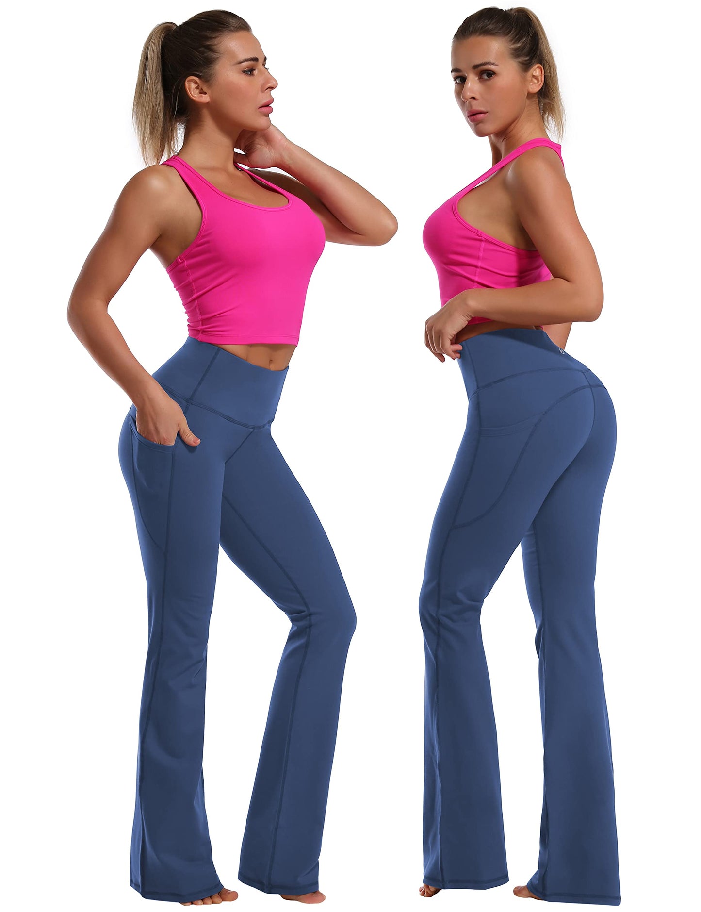 BUBBLELIME 29"/31"/33"/35" 4 Styles Women's Bootcut Yoga Pants Tummy Control - Side Pockets_PURPLISHBLUE M_35" Inseam