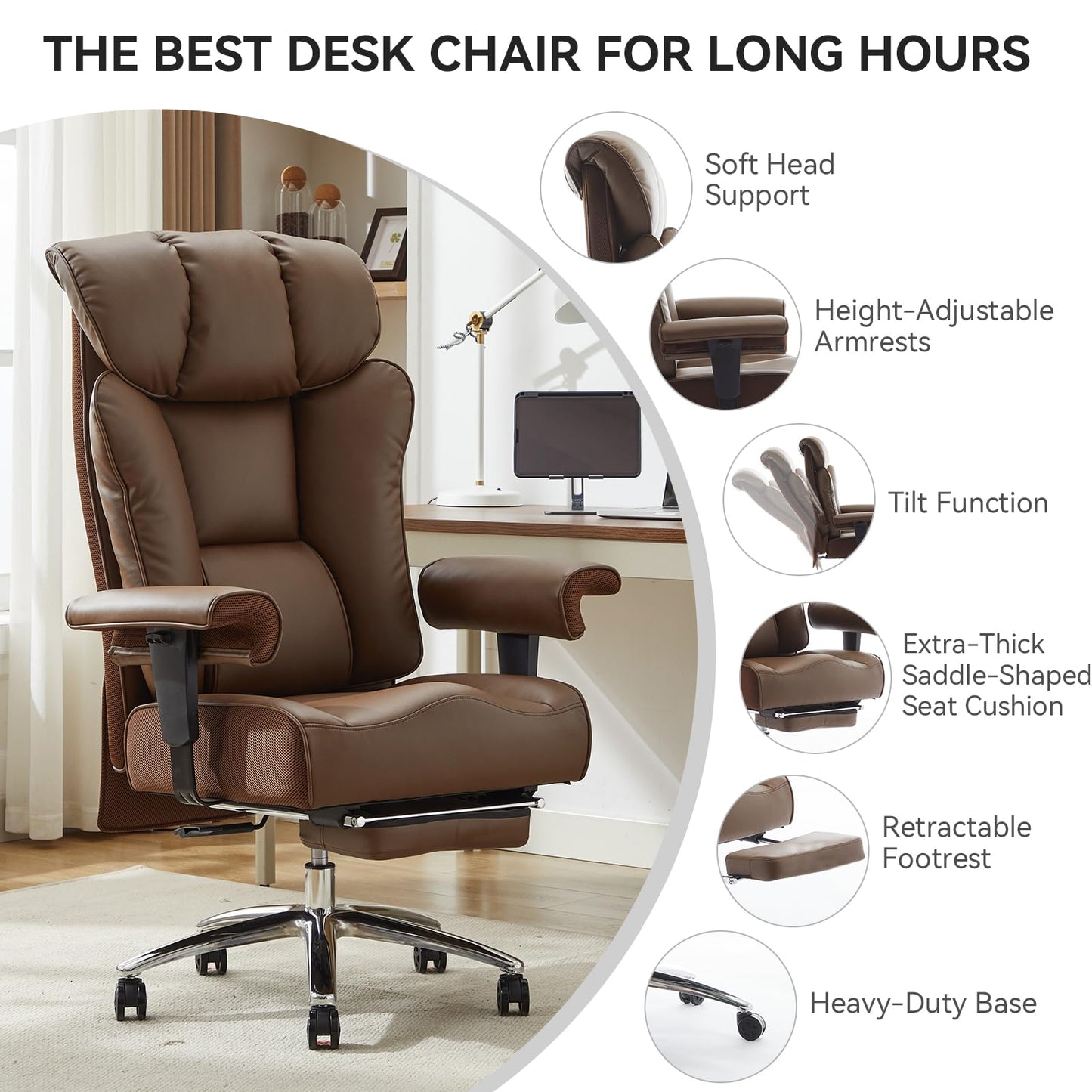 Big and Tall Ergonomic Office Chair 450LBS with Foot Rest, High Back PU Leather Executive Chair with Adjustable Padded Armrests, Lumbar Support for Home or Work, Heavy Duty Computer Chair, Brown