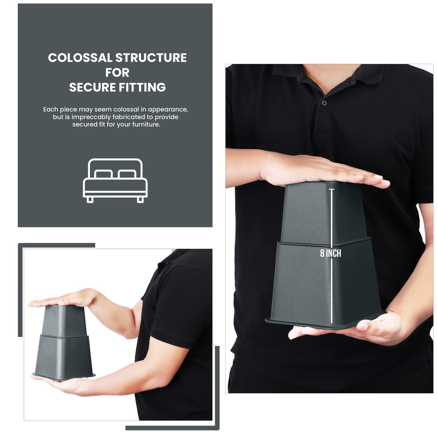 Utopia Bedding Adjustable Bed Furniture Risers - Elevation in Heights 3, 5 or 8 Inch Heavy Duty Risers for Beds - Supports up to 1,300 lbs - (Set of 4 Riser, Grey)