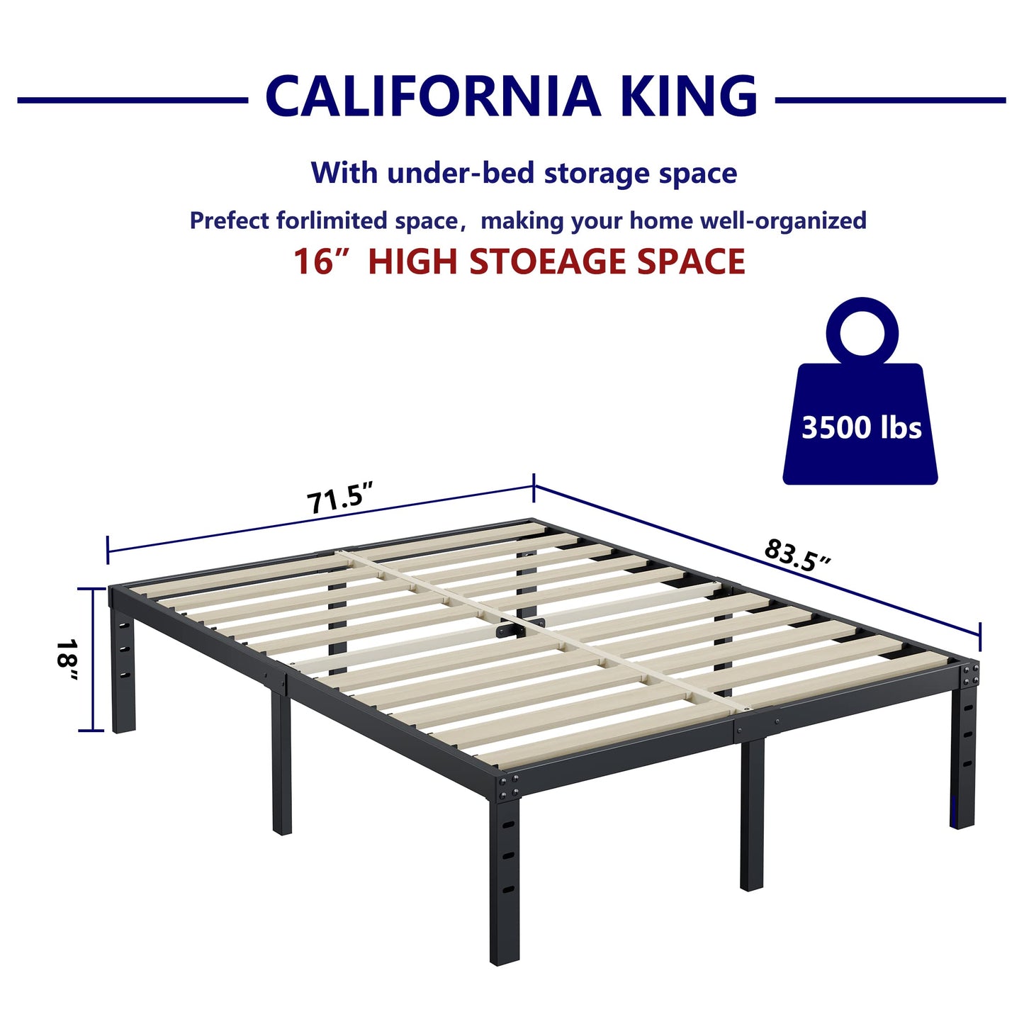 ZIYOO California King Bed Frame 18 Inches Tall 3 Inches Wide Wood Slats with 3500 Pounds Support for Foam Mattress, No Box Spring Needed,Underbed Space, Easy Assembly, Noise Free