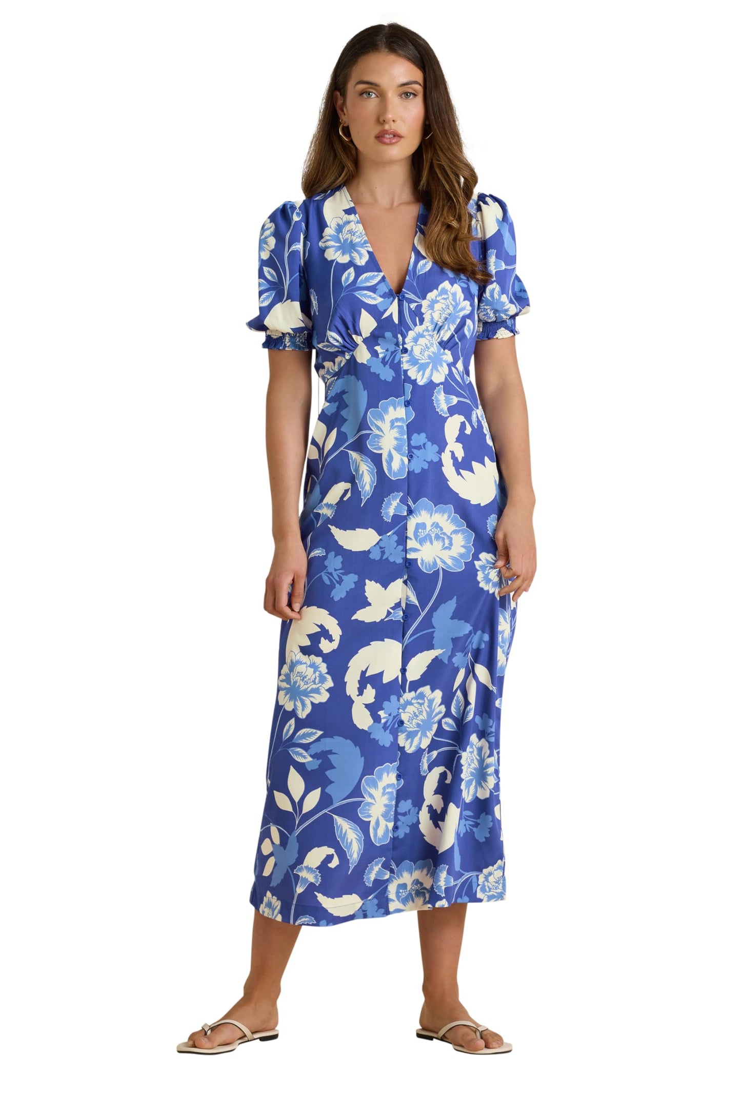 Long Tall Sally LTS Tall Floral Puff Sleeve Midi Tea Dress Blue 14