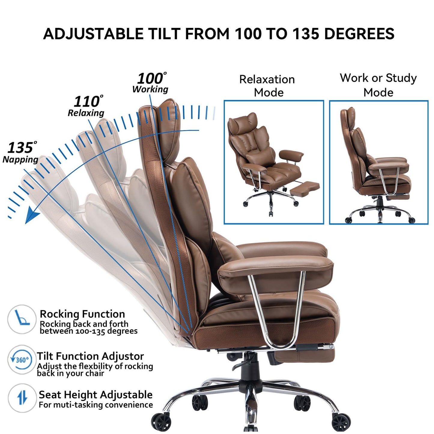 Efomao Big and Tall Office Chair 400lbs – High Back PU Leather Executive Chair with Lumbar Support, Footrest, Swivel Base, Padded Armrests, and Rolling Wheels for Home Office, Brown Computer Chair