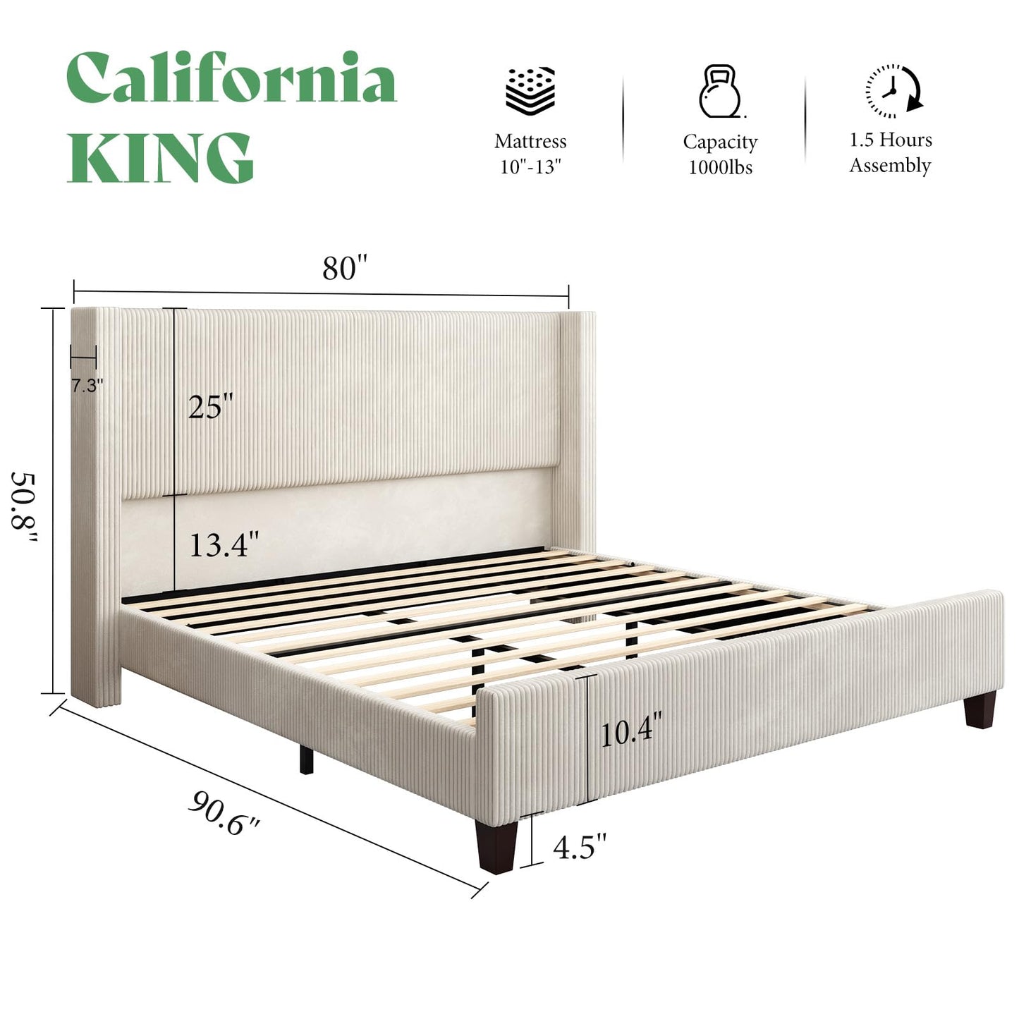 AMERLIFE California King Size Upholstered Bed Frame with 50.8" Tall Headboard, Wingback Platform Bed with Solid Wood Legs, Wooden Slats, Corduroy/No Box Spring Needed/Noise Free/Cream