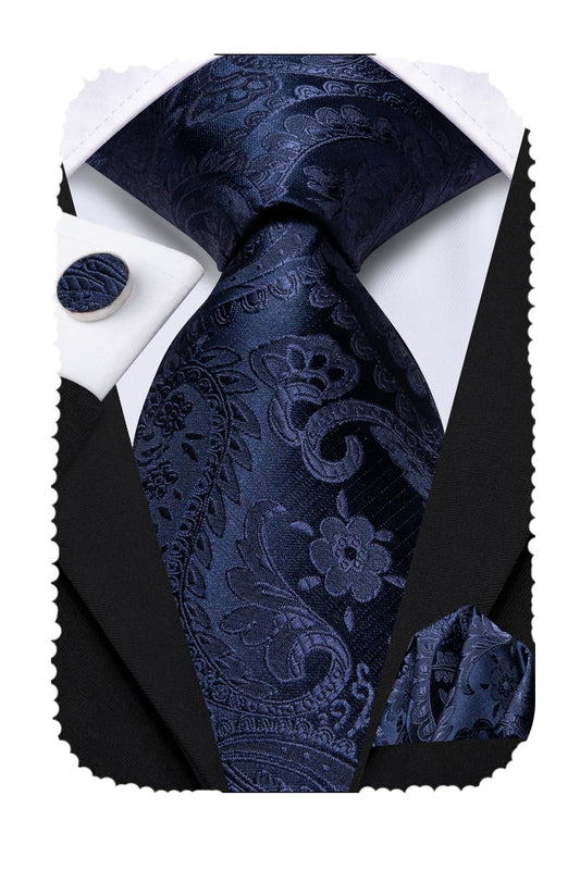 Hi-Tie 70'' Navy Ties for Men Silk Paisley Extra Long Mens Ties Set Dress Necktie and Pocket Square Cufflink for Wedding