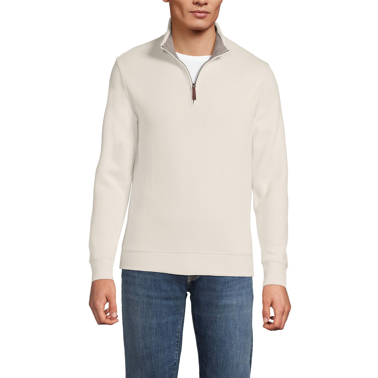 Lands' End Mens Bedford Rib Quarter Zip Sweater Ivory Latte Tall X-Large