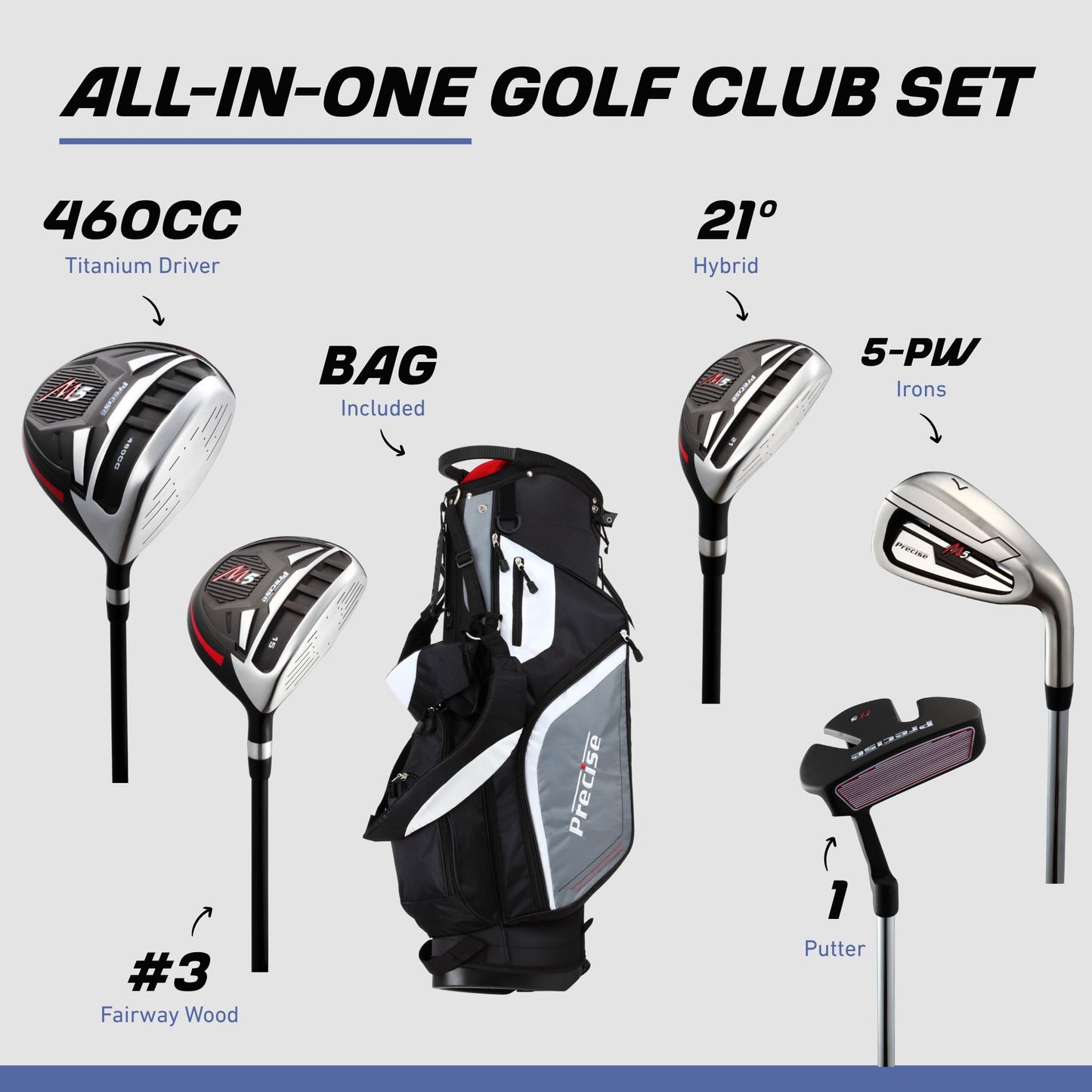 Precise M5 Golf Clubs Set for Men | Lighweight Graphite & True Temper Stainless Steel Shafts w/Precise Alignment Putter & Stand Bag | Left/Right Hand Options & Regular/Tall Complete Golf Club Sets