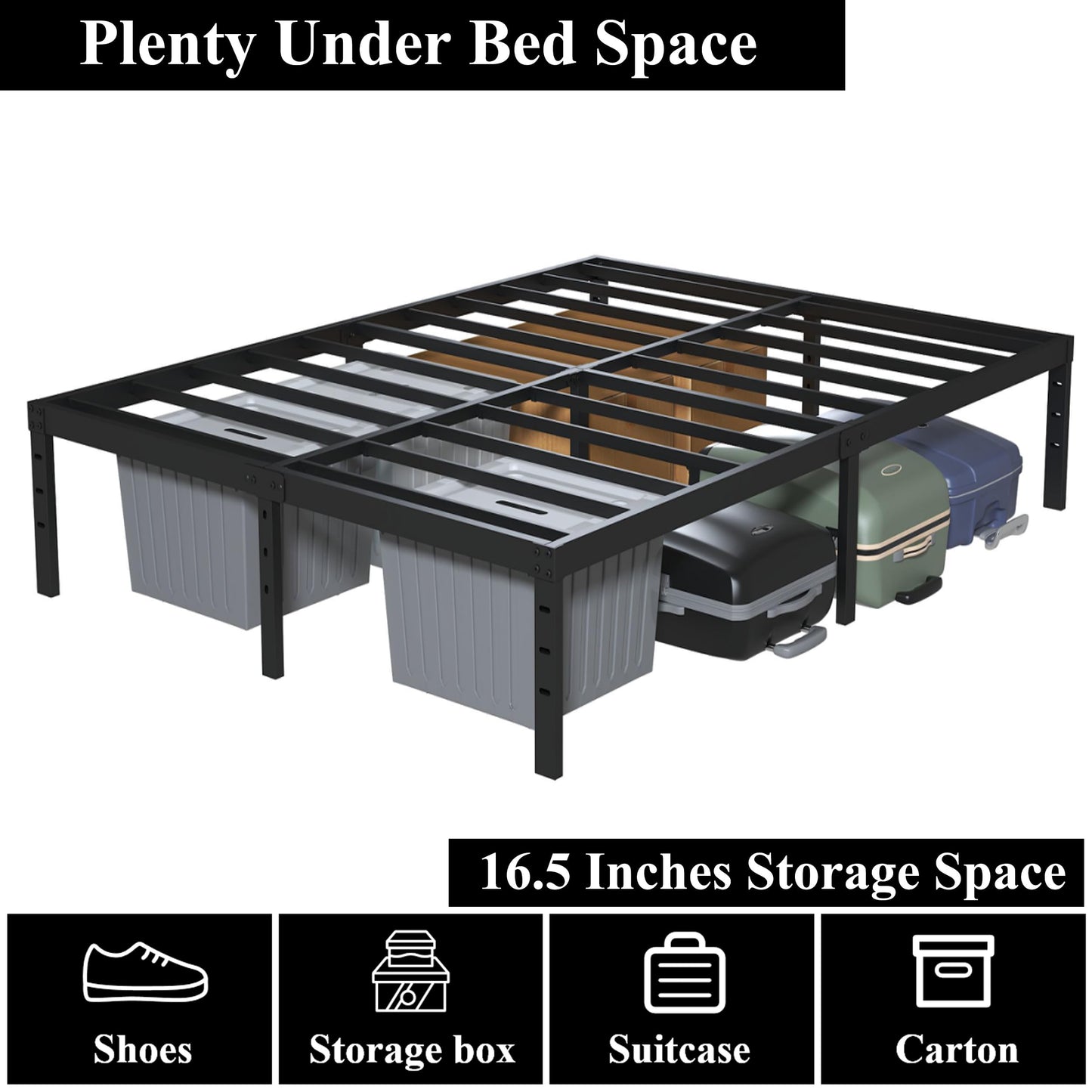 Upcanso 18 Inch California King Bed Frames No Box Spring Need, Platform Cal King Bed Frame with High Storage, Eassy Assembly 3,500 Lbs Heavy Duty Bedframes, Black
