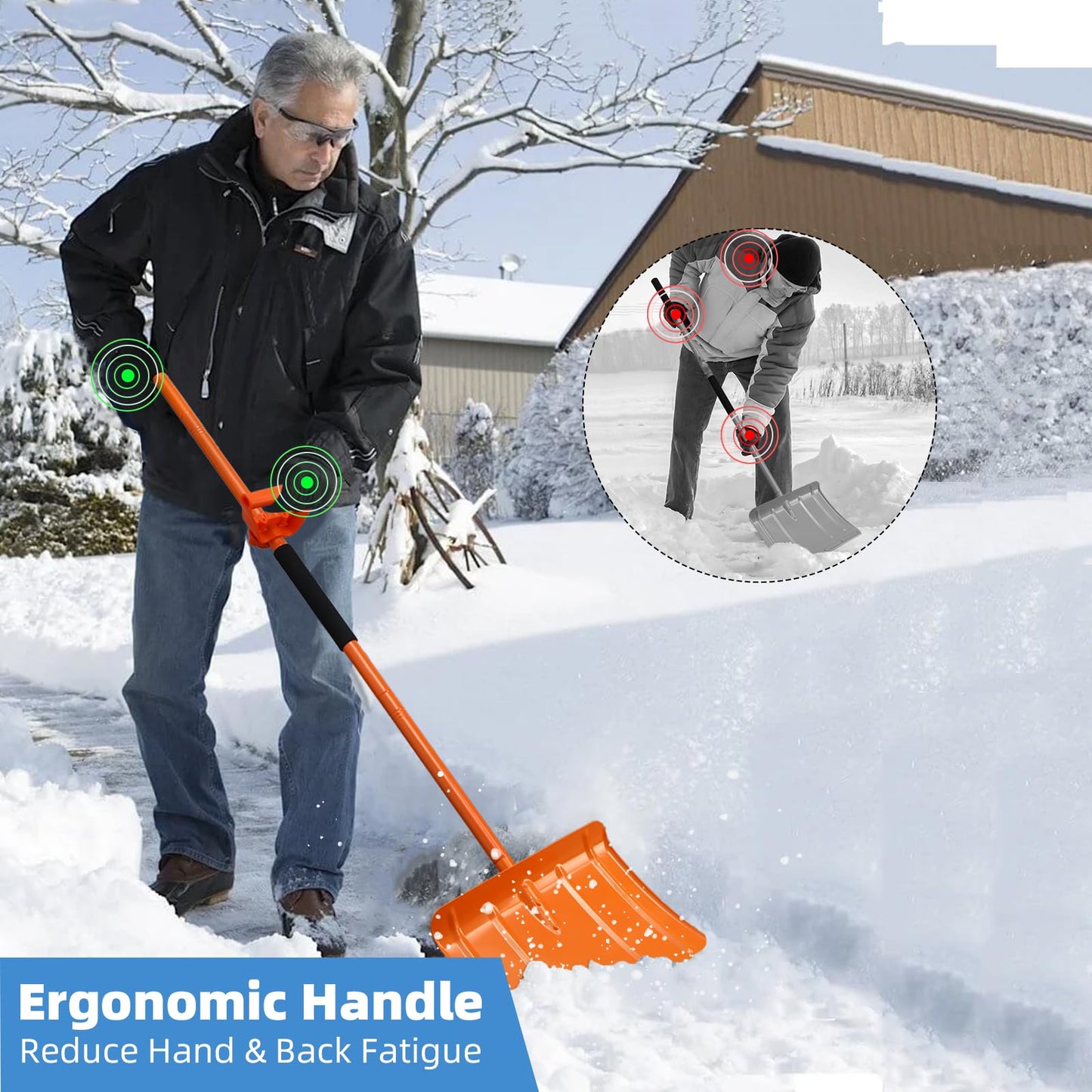 Heavy Duty Snow Shovel for Driveway 67 Inch Snow Shovel with Ergonomic Labor-Saving Handle Tool, Snow Removal with Large Scoop Shovel for Outdoor Car Yard, Orange