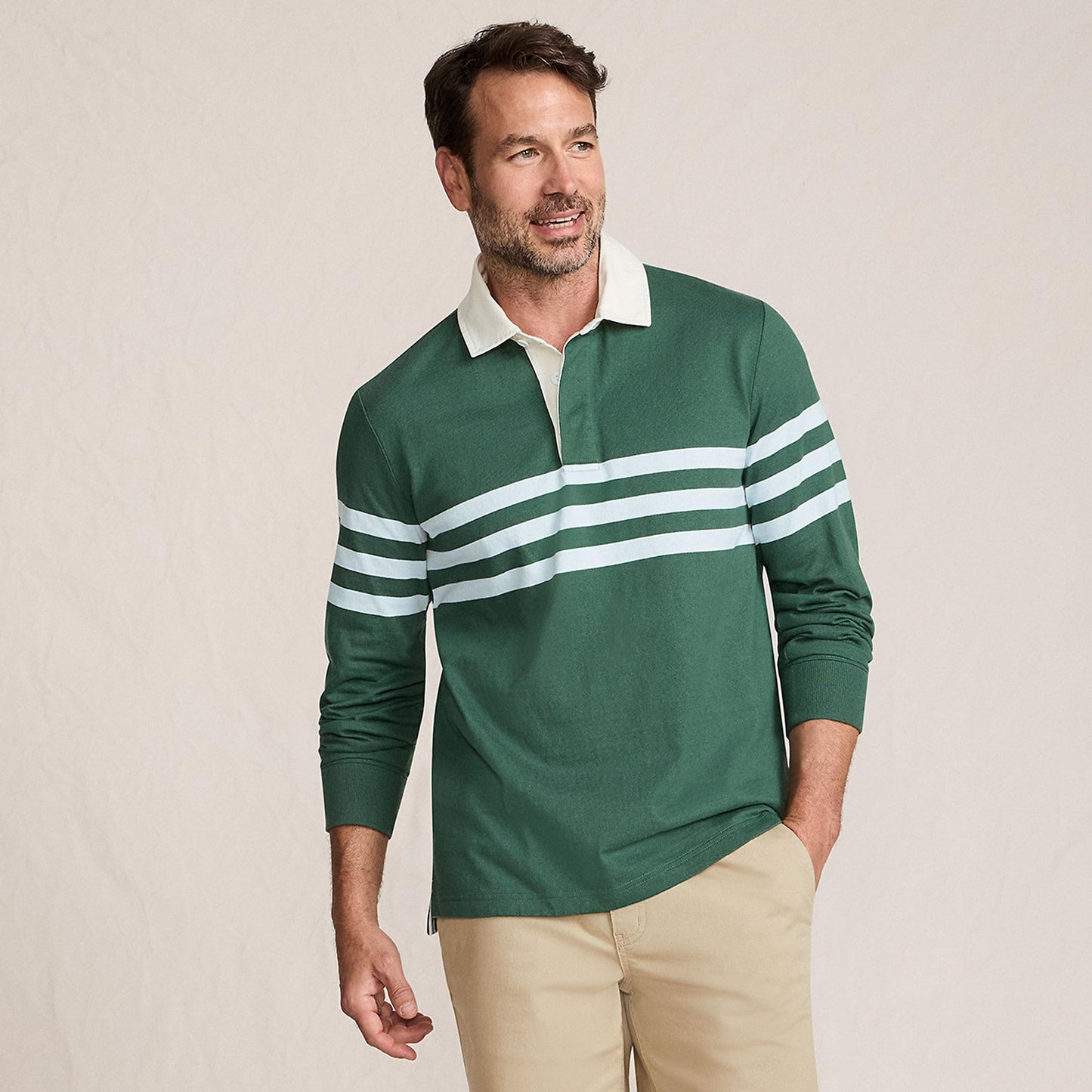 Lands' End Mens Long Sleeve Rugby Polo Shirt Norway Spruce Stripe Tall Medium