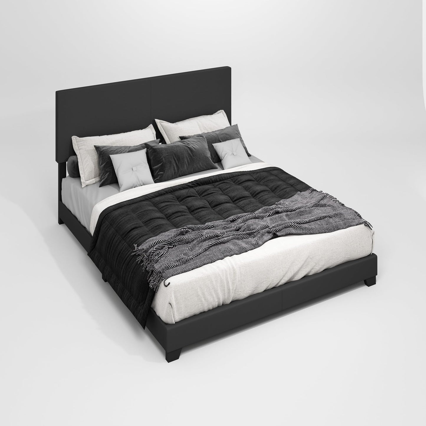 Furinno PESSAC Bed Frame, California King Size Bedframe with PU Leather Upholstery Headboard, Bed with Legs, Wooden Slat Support, Easy Assembly, for Bedroom, Dorm, Plain Black