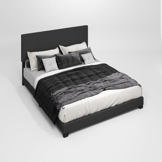 Furinno PESSAC Bed Frame, California King Size Bedframe with PU Leather Upholstery Headboard, Bed with Legs, Wooden Slat Support, Easy Assembly, for Bedroom, Dorm, Plain Black