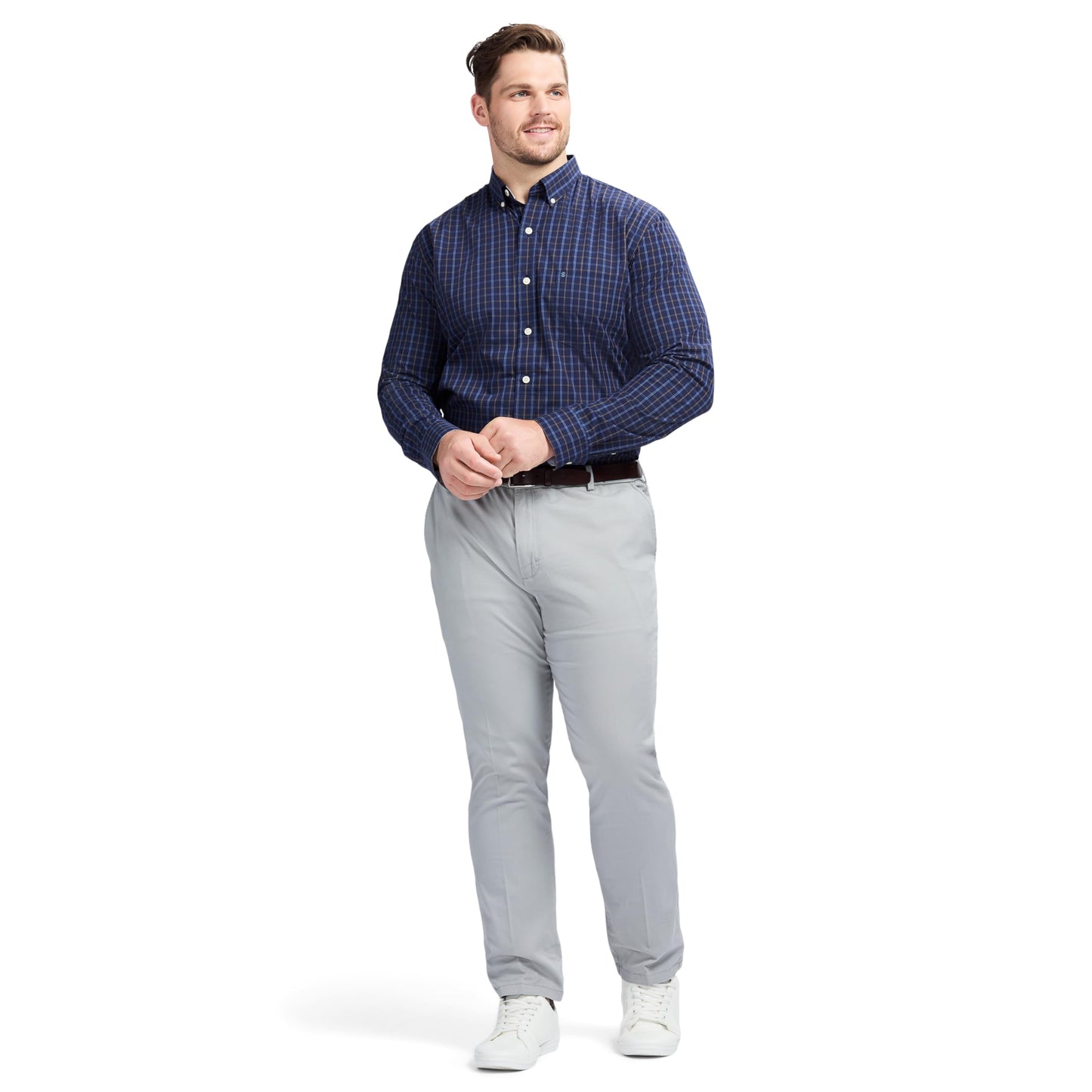 IZOD Men's Big and Tall Performance Comfort Long Sleeve Gingham Button Down Shirt, Peacoat, XX-Large Tall