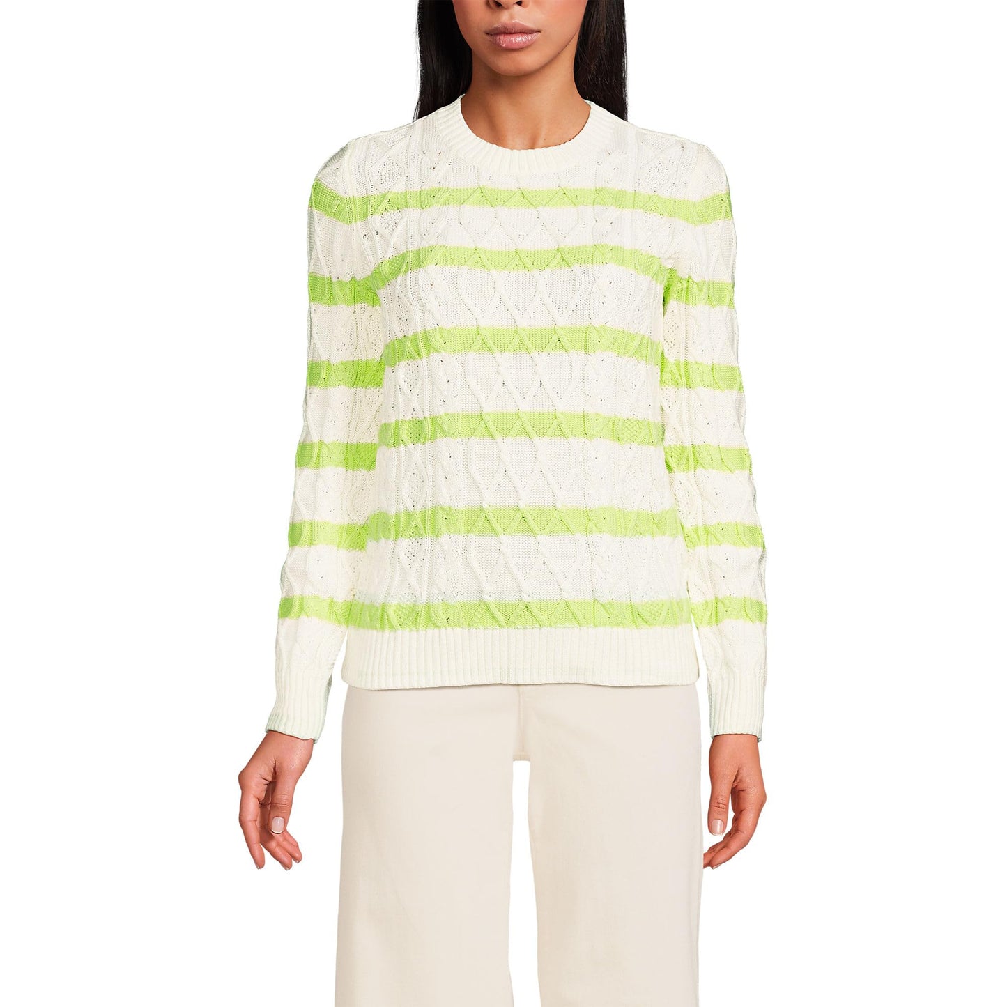 Lands' End Womens Aran Cable Crew Neck Sweater Ivory/Limoncello Gulf Stripe Tall Medium