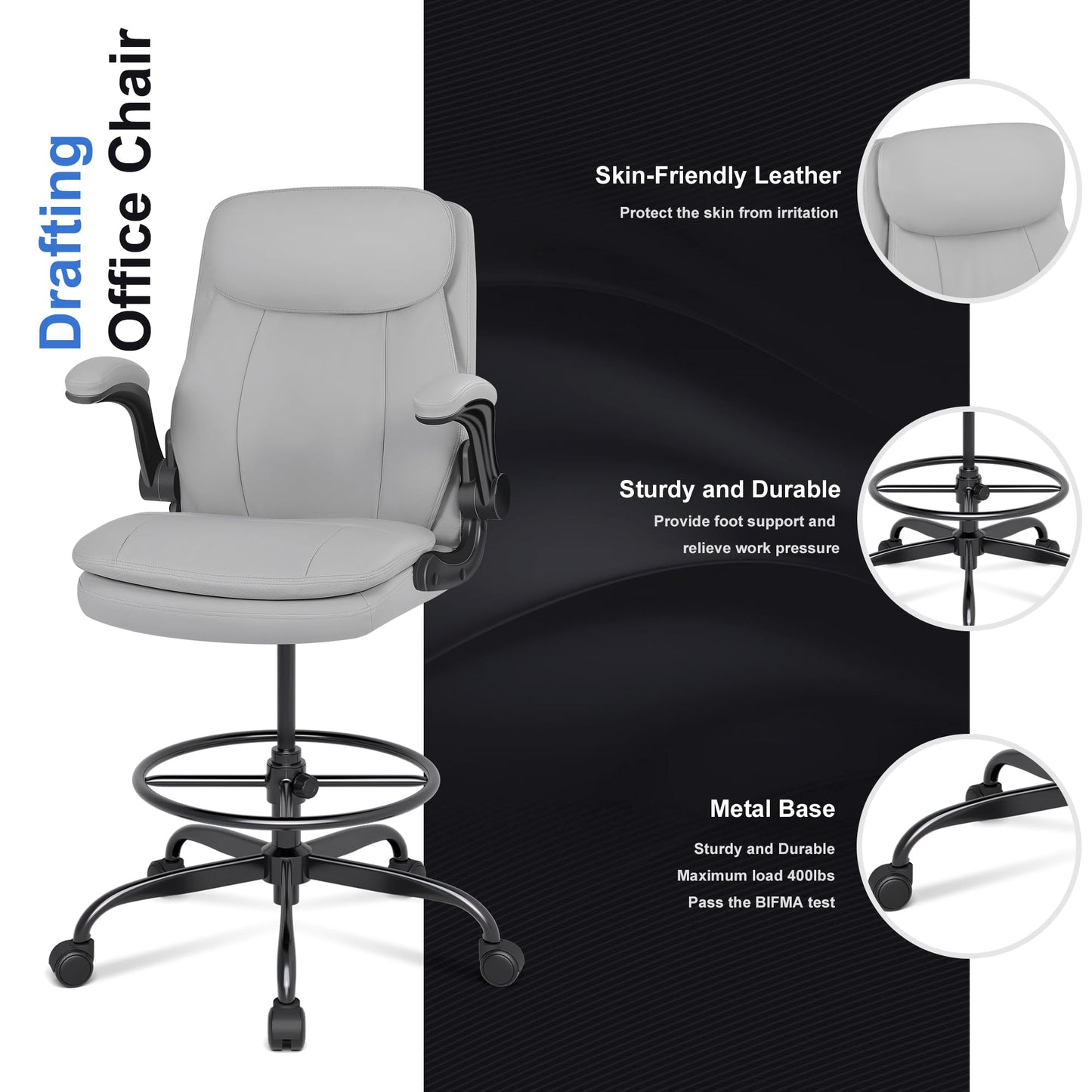 Misolant Leather Drafting Chair, Tall Office Chair for Standing Desk, High Executive Office Chair with Adjustable Height and Flip-up Armrest for Counter Height Desk