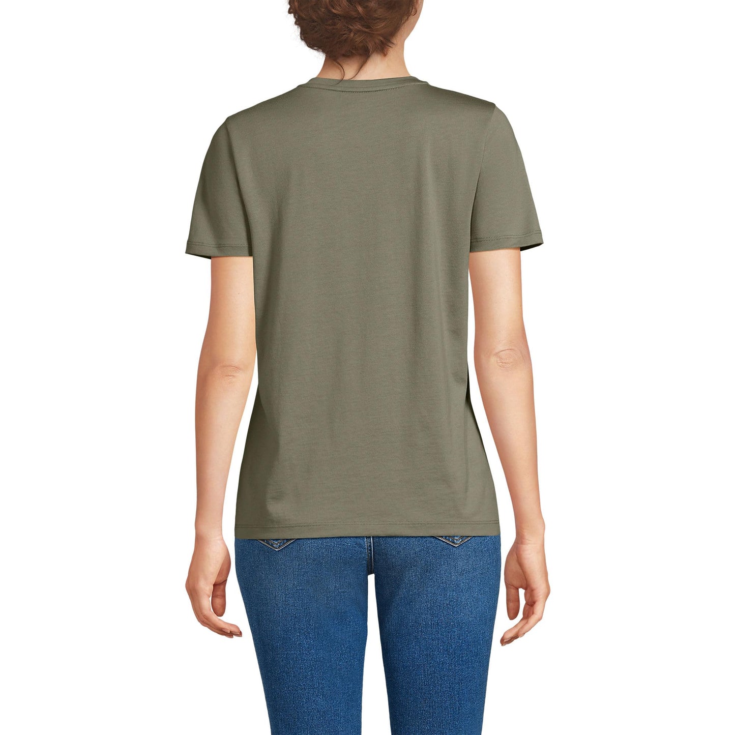 Lands' End Womens SS Relaxed Supima V Neck T Shirt Soft Olive Drab Tall Medium