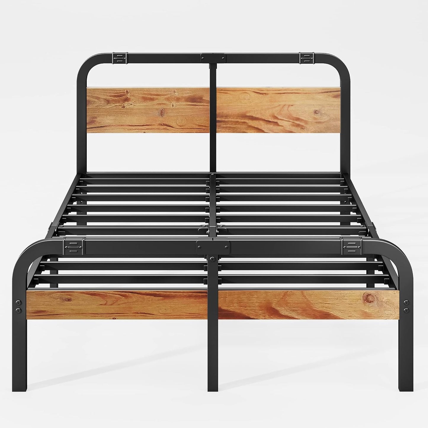 ZIYOO Industrial Style California King Metal Bed Frame with Solid Wood Headboard and Footboard, 14 Inch High Heay Duty Steel Slats Support No Box Spring Needed，Easy Assembly Structure