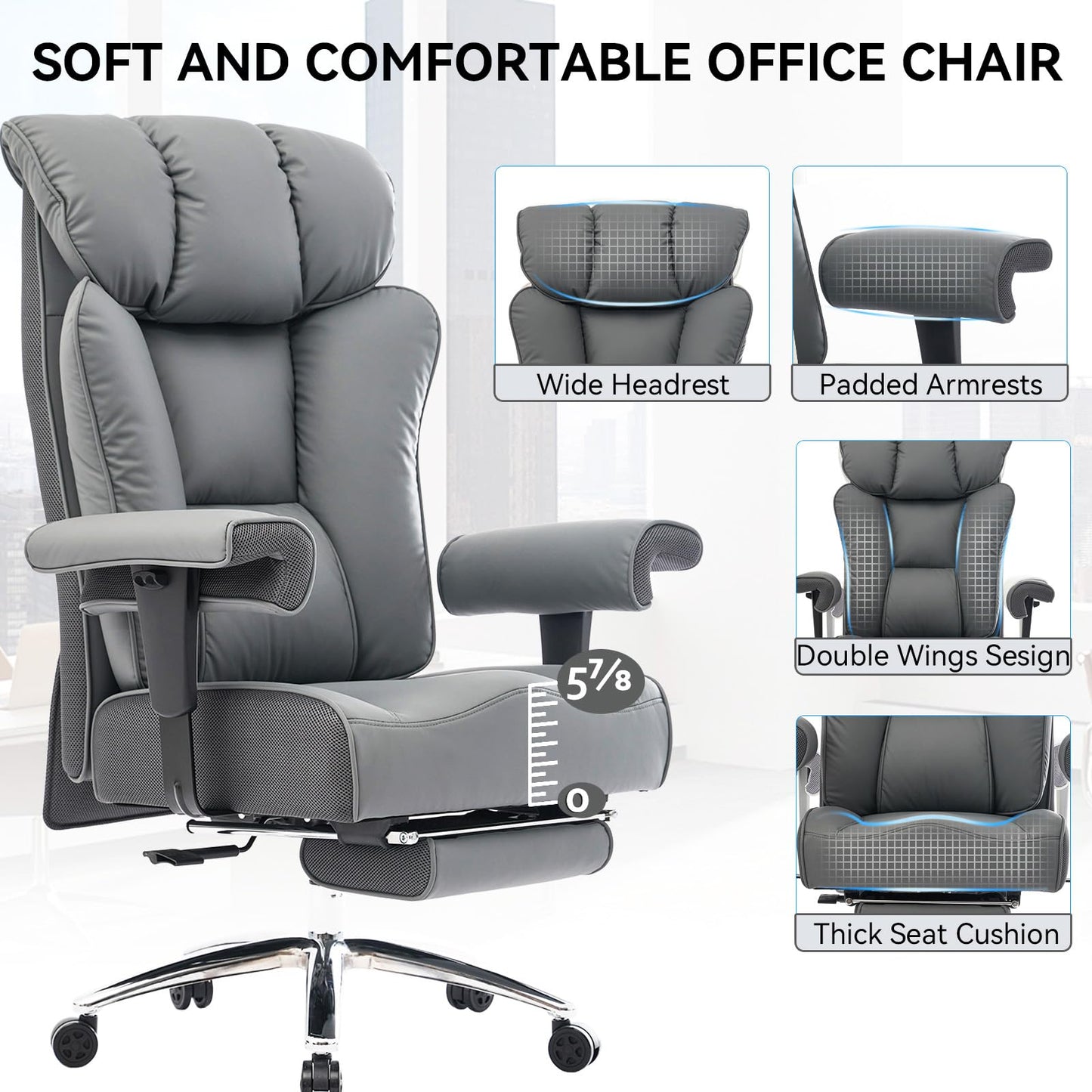 Efomao Big and Tall Office Chair 450LBS with Foot Rest, High Back PU Leather Executive Chair with Adjustable Padded Armrests, Lumbar Support for Home or Work, Heavy Duty Computer Chair, Grey