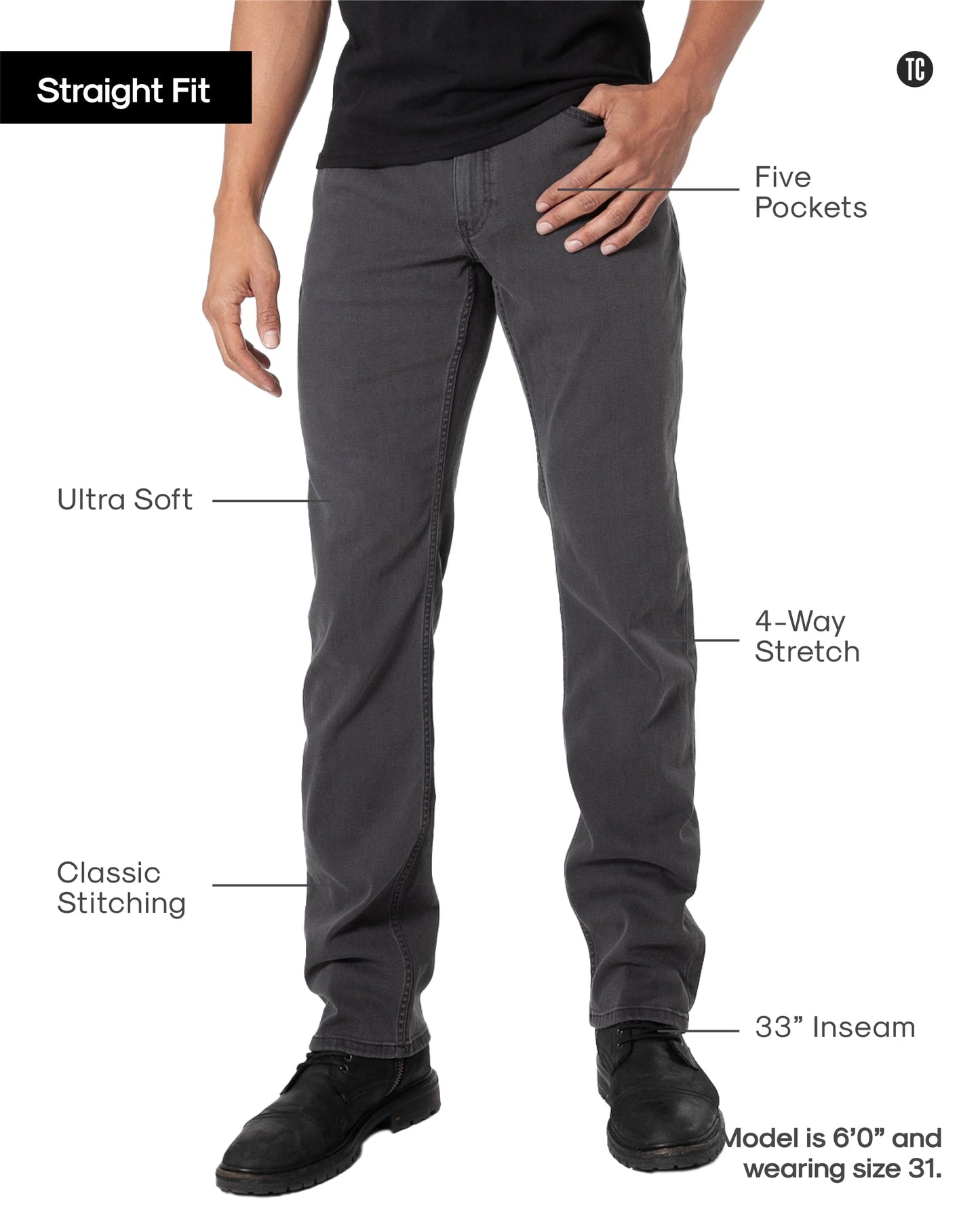 True Classic Mens Jeans – Stretch Jeans for Men, Straight Fit Men’s Stretch Jean, Straight Leg, High-Stretch - Gray, 32W X 36L