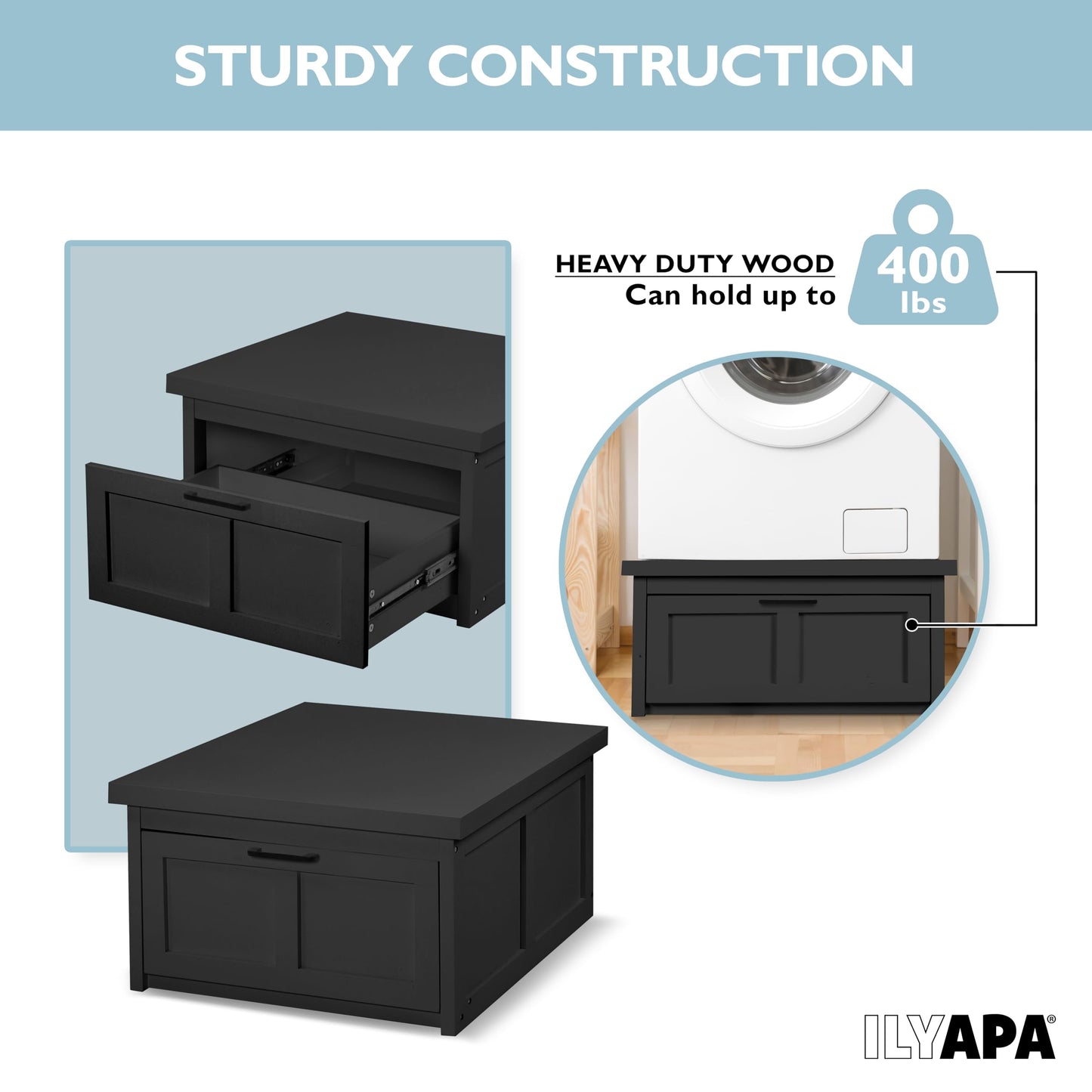 Ilyapa Washer and Dryer Stand - 28x28x16 in. Universal Laundry Pedestal, with Drawer - Washing Machine Base Compatible with Samsung, LG, GE, Maytag