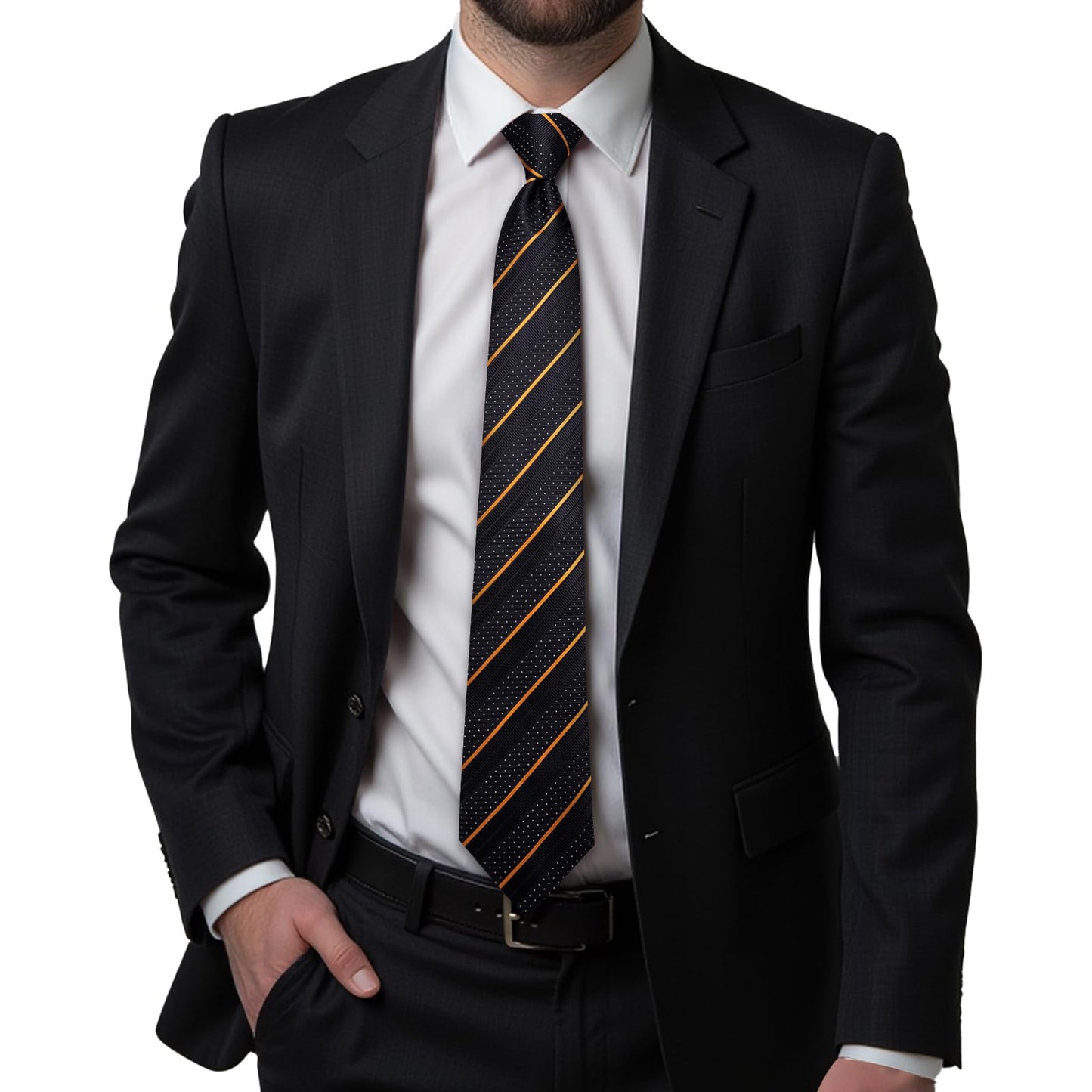 Hi-Tie Black Gold Extra Long Ties for Men Silk 70'' Men's Ties Set Stripe Necktie and Pocket Square Cufflinks for Wedding