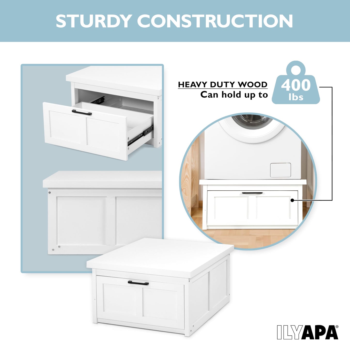 Ilyapa Washer and Dryer Stand - Universal Wooden Laundry Pedestal Base with Drawer - Compatible with Samsung, LG, GE, Maytag - 28x28x16 in.